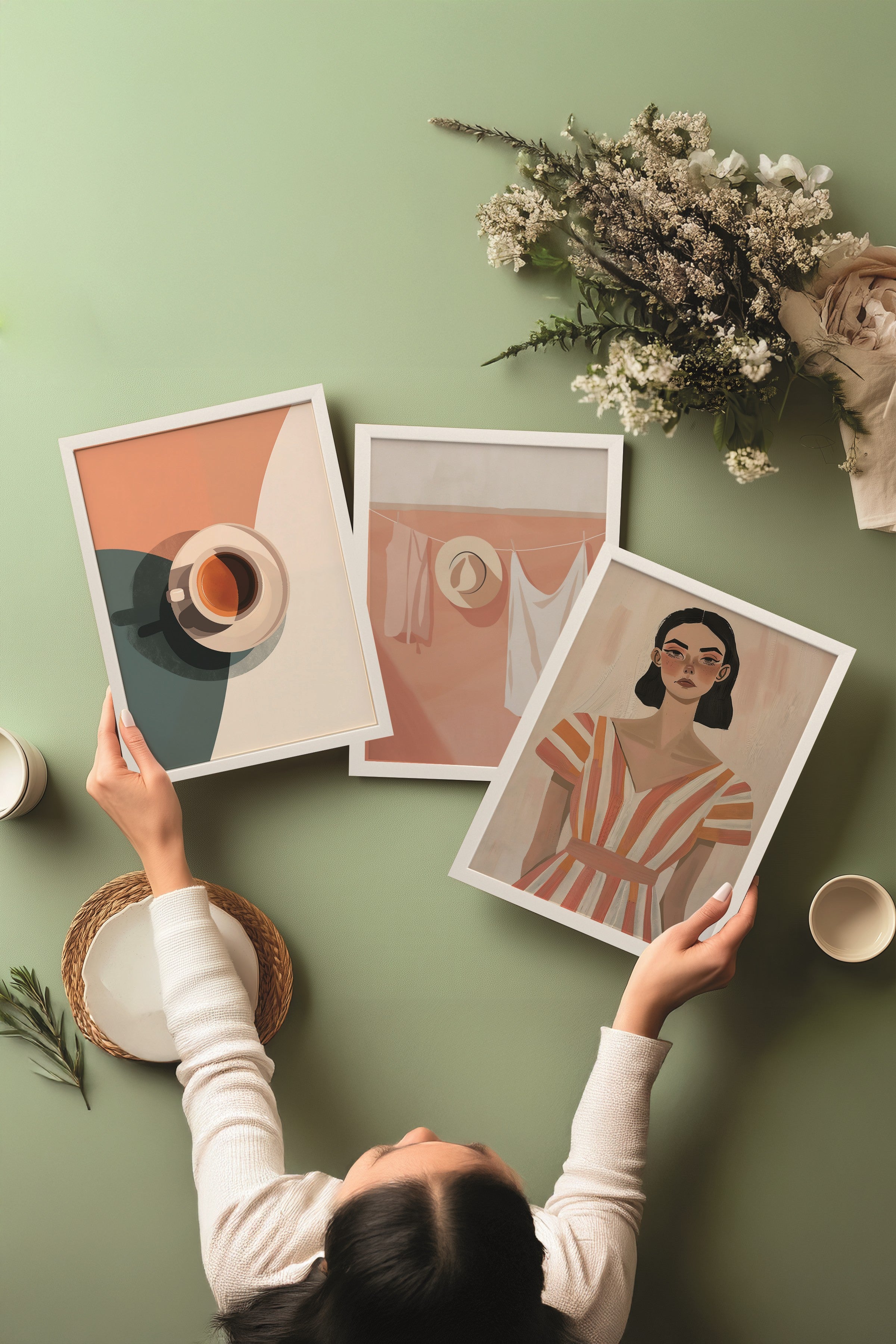 Beyaz Tablo Seti, 3 Adet Beyaz Çerçeveli Poster A Coffee? Model No:300888, Pembe Duvar Dekoru