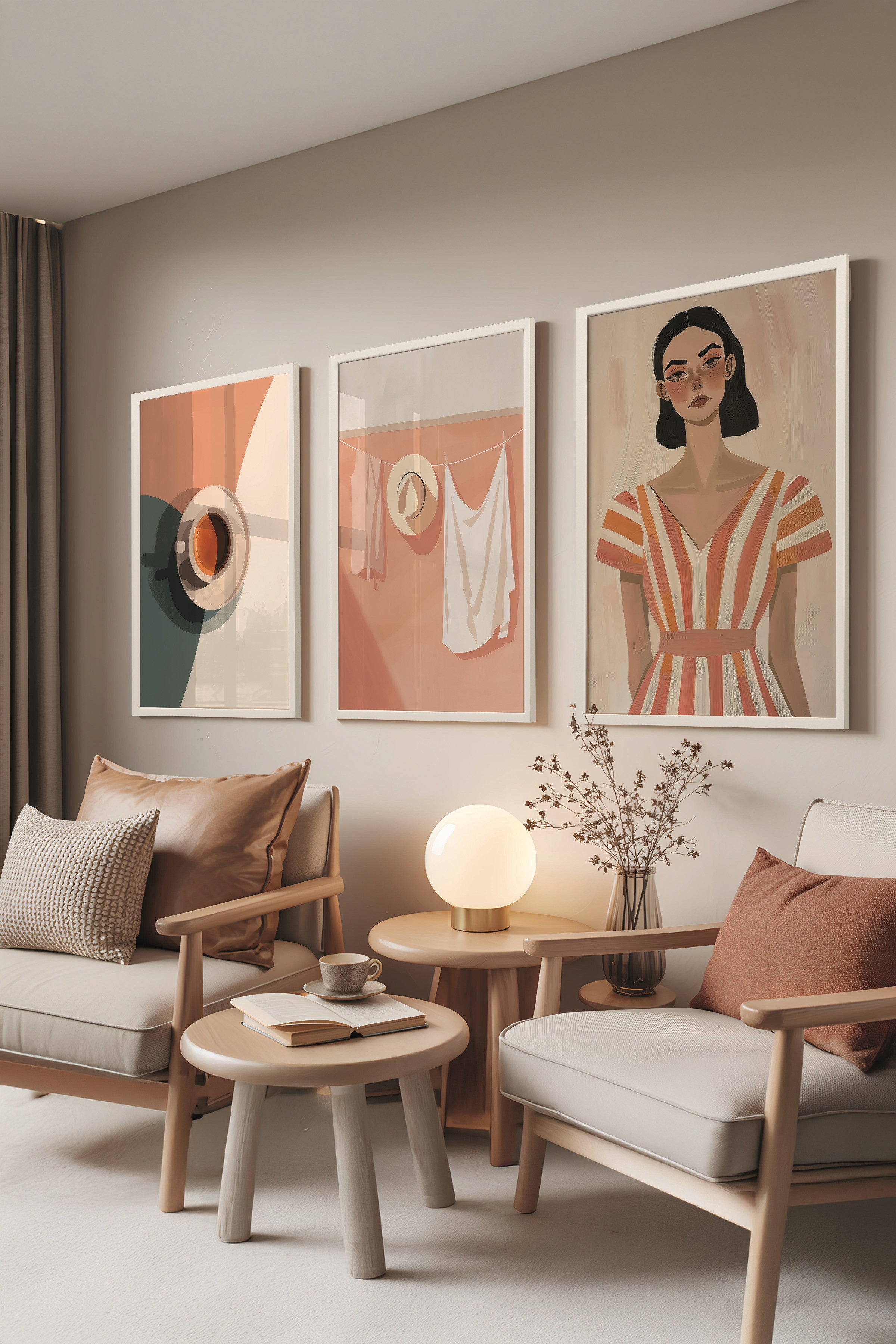 Beyaz Tablo Seti, 3 Adet Beyaz Çerçeveli Poster A Coffee? Model No:300888, Pembe Duvar Dekoru
