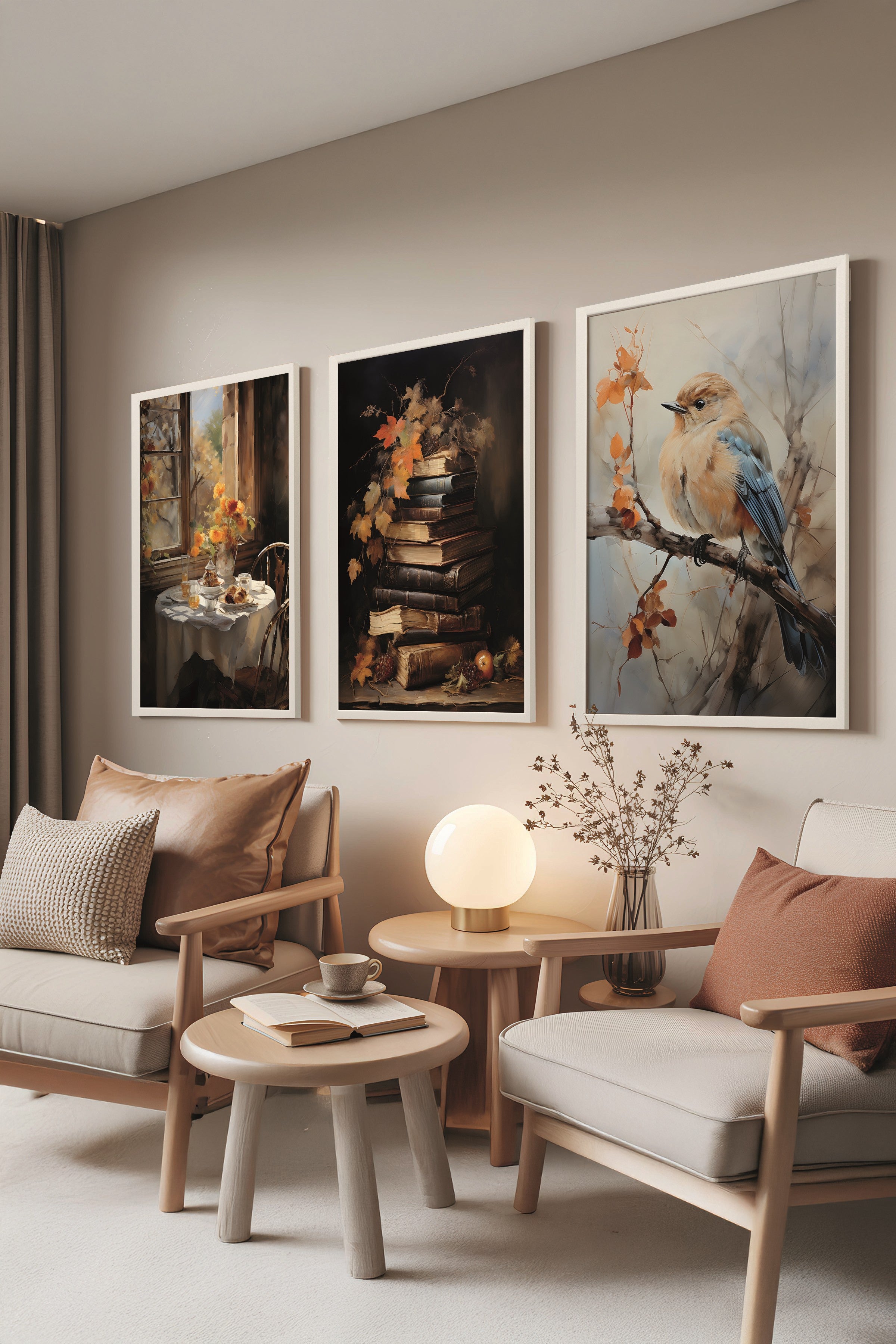 Beyaz Tablo Seti, 3 Adet Beyaz Çerçeveli Poster Autumn Birds Model No:300875, Kahverengi ve Turuncu