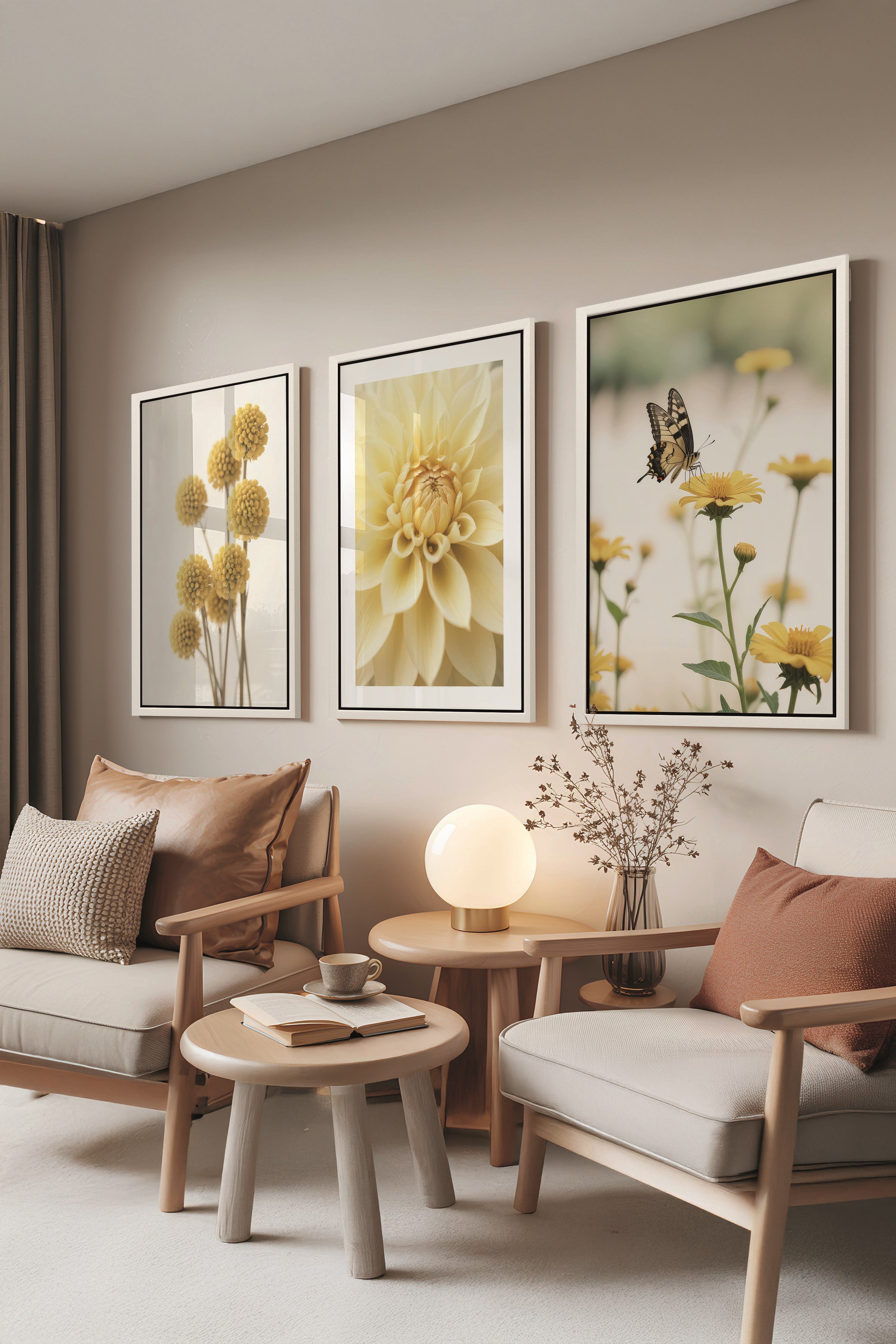 Beyaz Tablo Seti, 3 Adet Beyaz Çerçeveli Poster Bees & Flowers Model No:300805, Sarı Duvar Dekoru