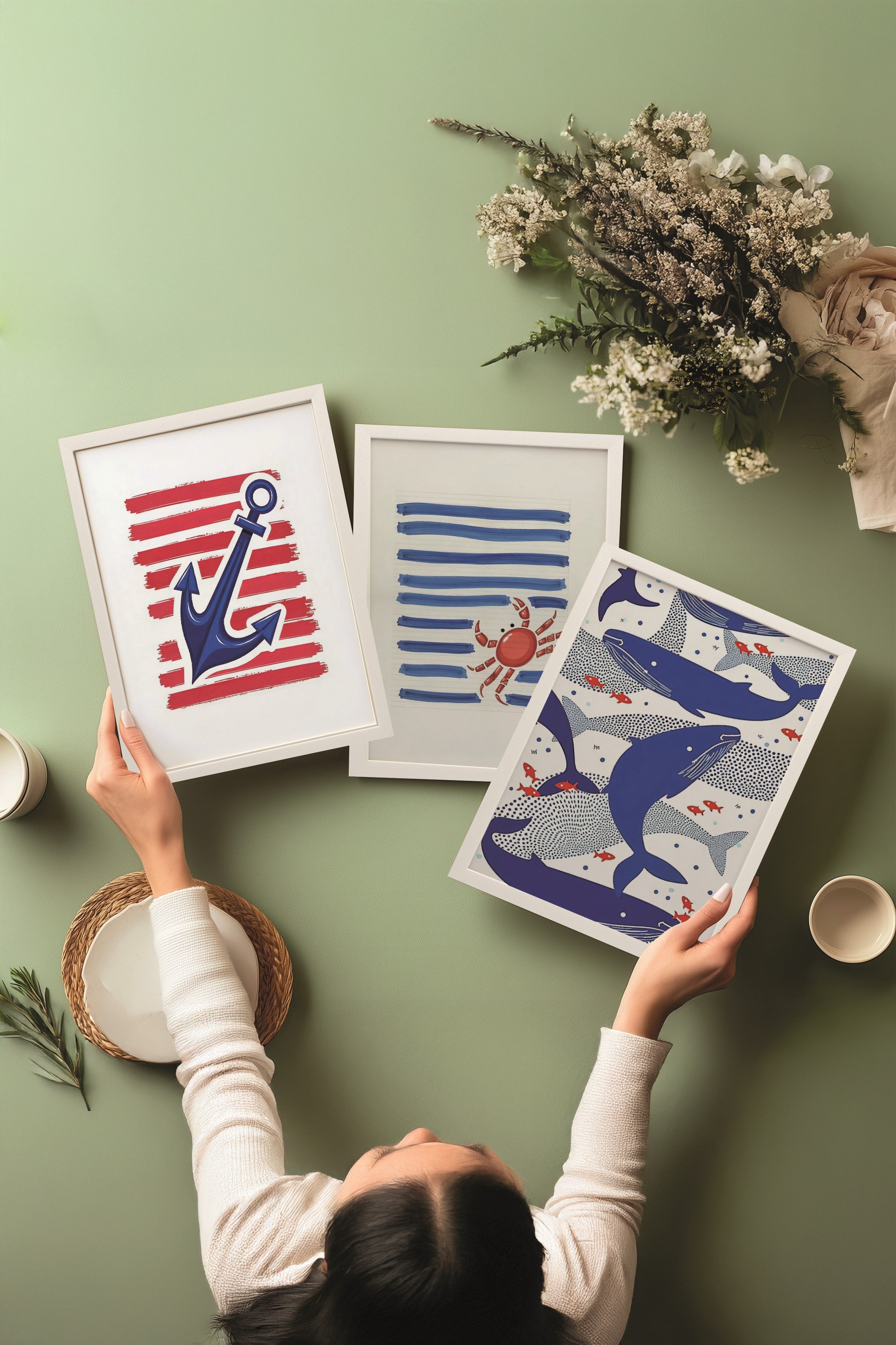 Beyaz Tablo Seti, 3 Adet Beyaz Çerçeveli Poster Blue Whale Model No:300851, Mavi Duvar Dekoru