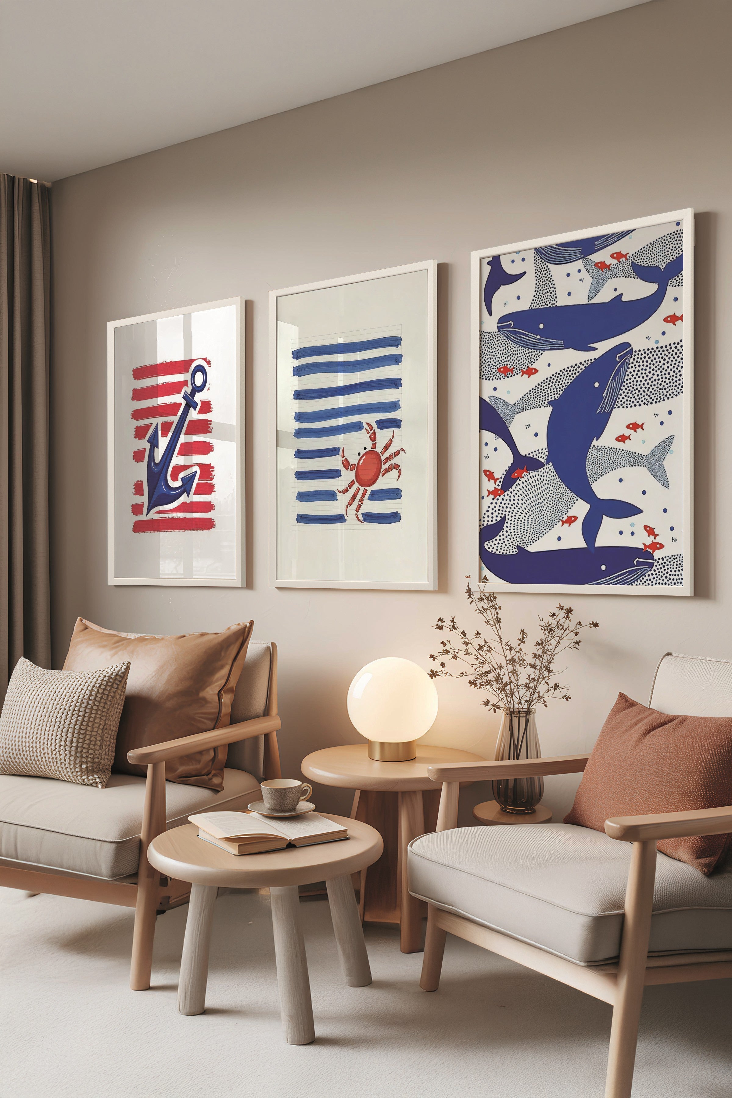 Beyaz Tablo Seti, 3 Adet Beyaz Çerçeveli Poster Blue Whale Model No:300851, Mavi Duvar Dekoru