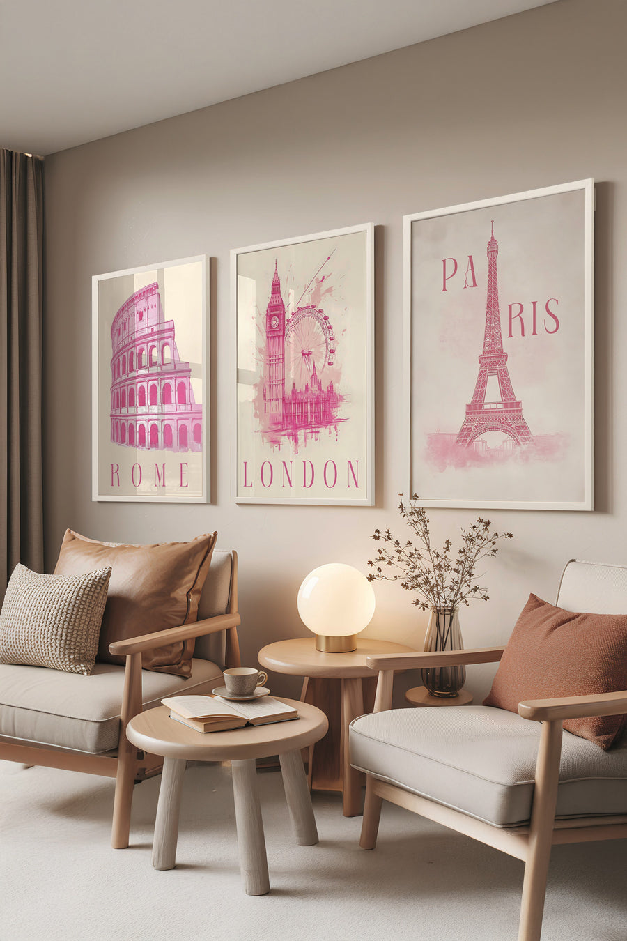 Beyaz Tablo Seti, 3 Adet Beyaz Çerçeveli Poster Cities Model No:300812, Pembe Duvar Dekoru