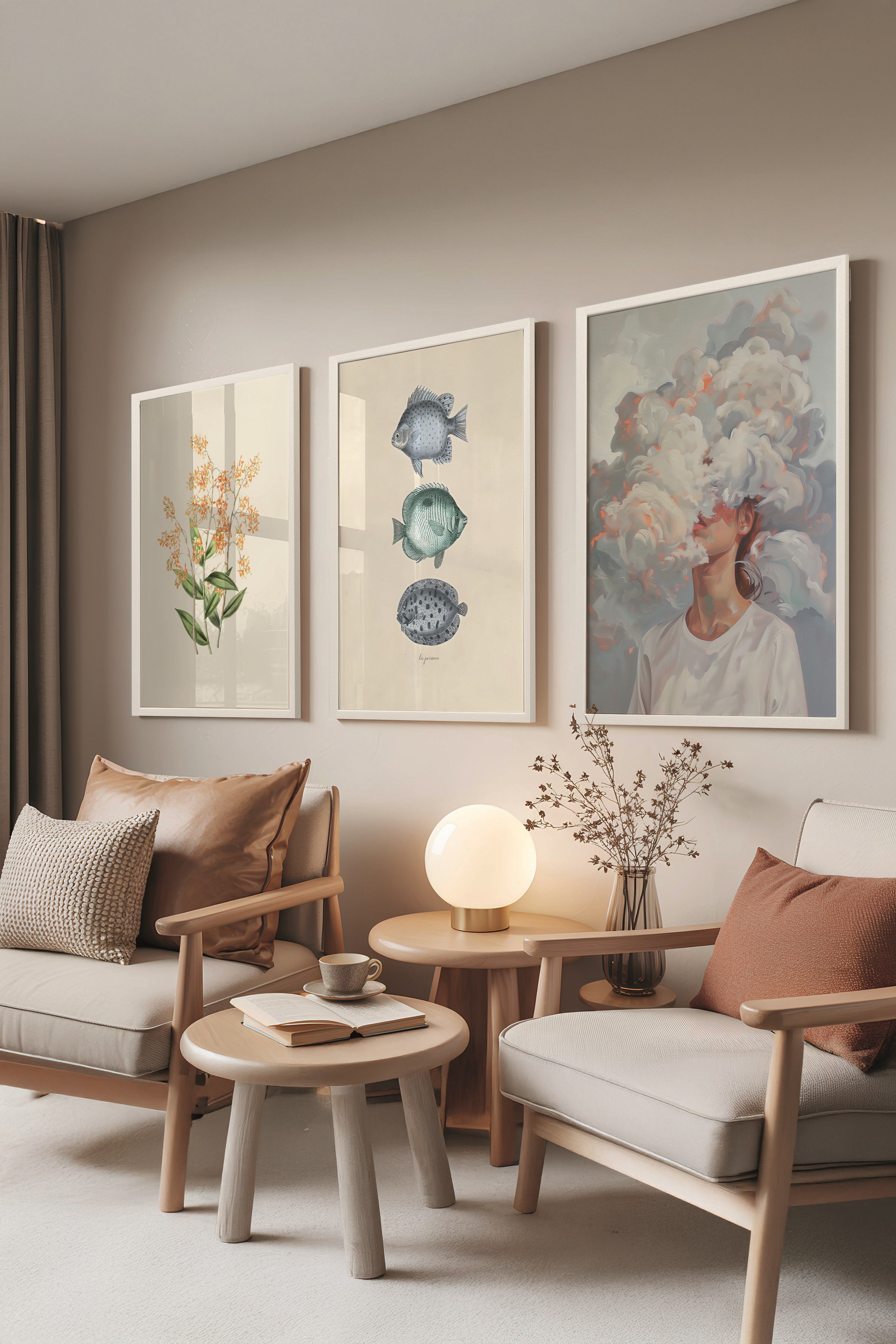 Beyaz Tablo Seti, 3 Adet Beyaz Çerçeveli Poster Cloudy Head Model No:300865, Beyaz Duvar Dekoru