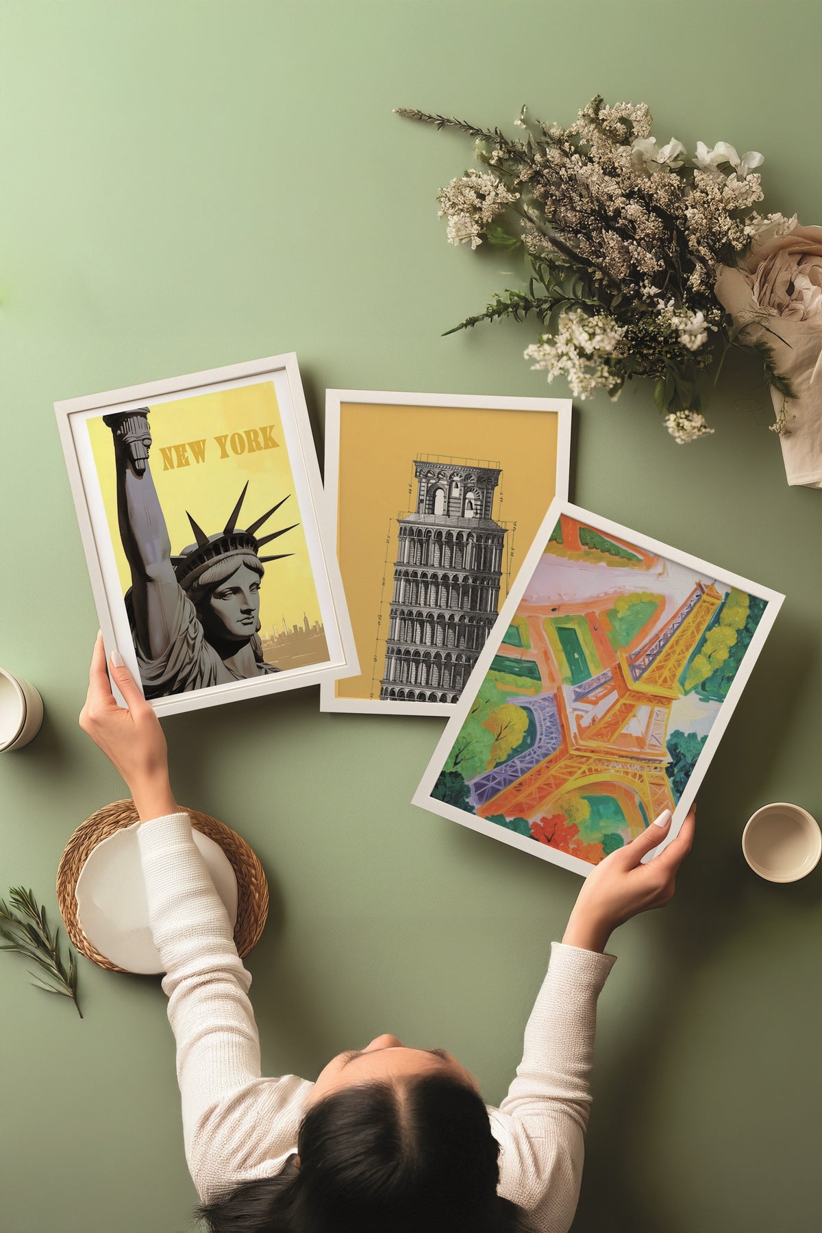 Beyaz Tablo Seti, 3 Adet Beyaz Çerçeveli Poster Colorfull Cities Model No:300816, Sarı Duvar Dekoru