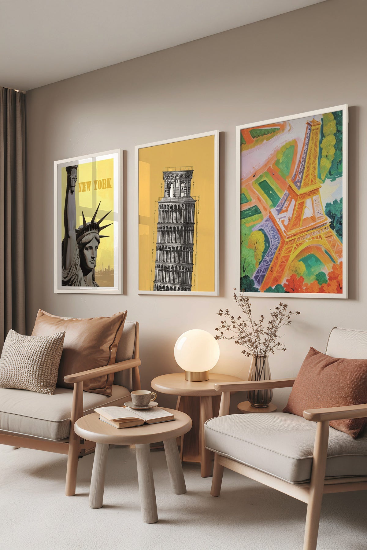 Beyaz Tablo Seti, 3 Adet Beyaz Çerçeveli Poster Colorfull Cities Model No:300816, Sarı Duvar Dekoru