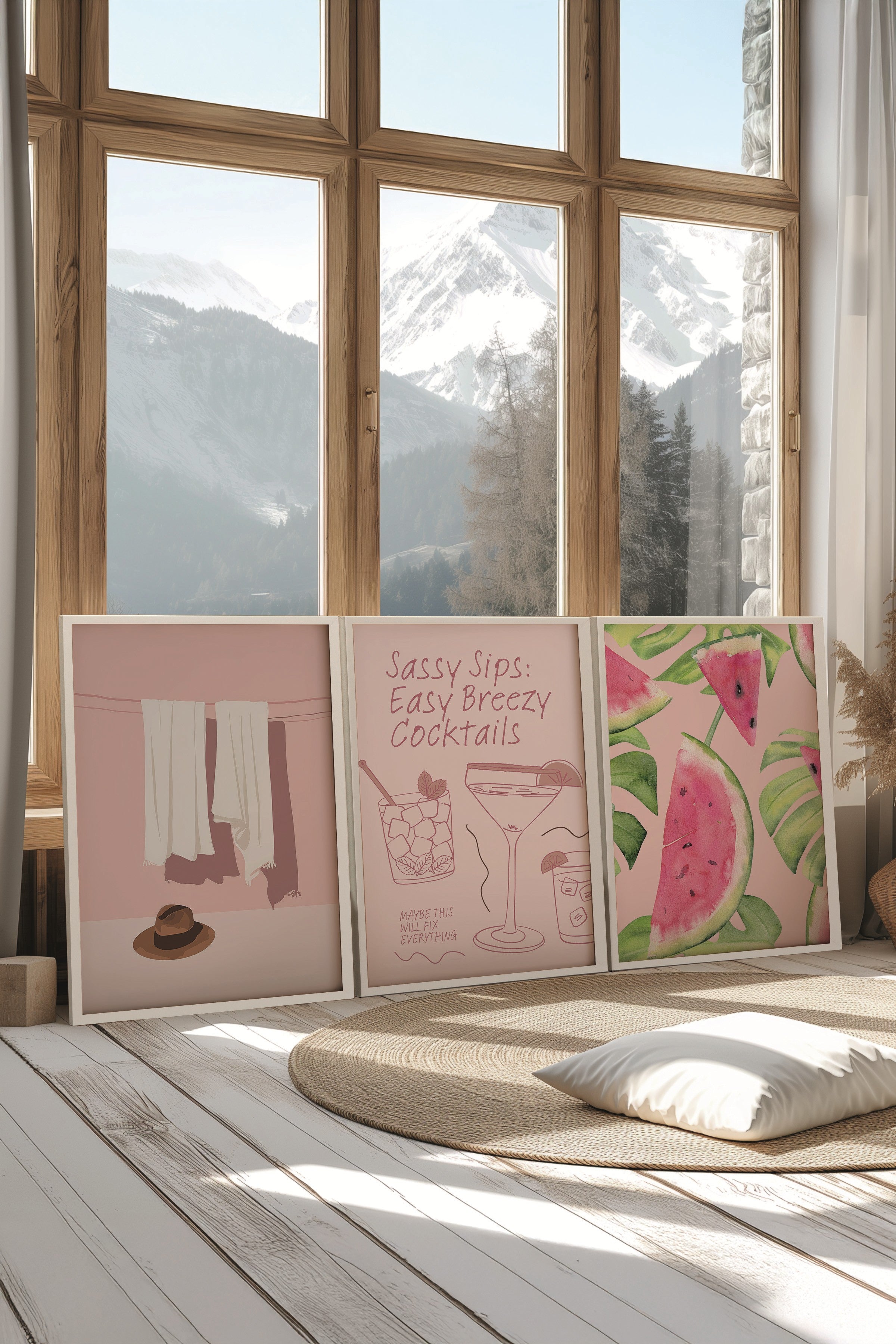 Beyaz Tablo Seti, 3 Adet Beyaz Çerçeveli Poster Easy Breezy Model No:300844, Pembe Duvar Dekoru