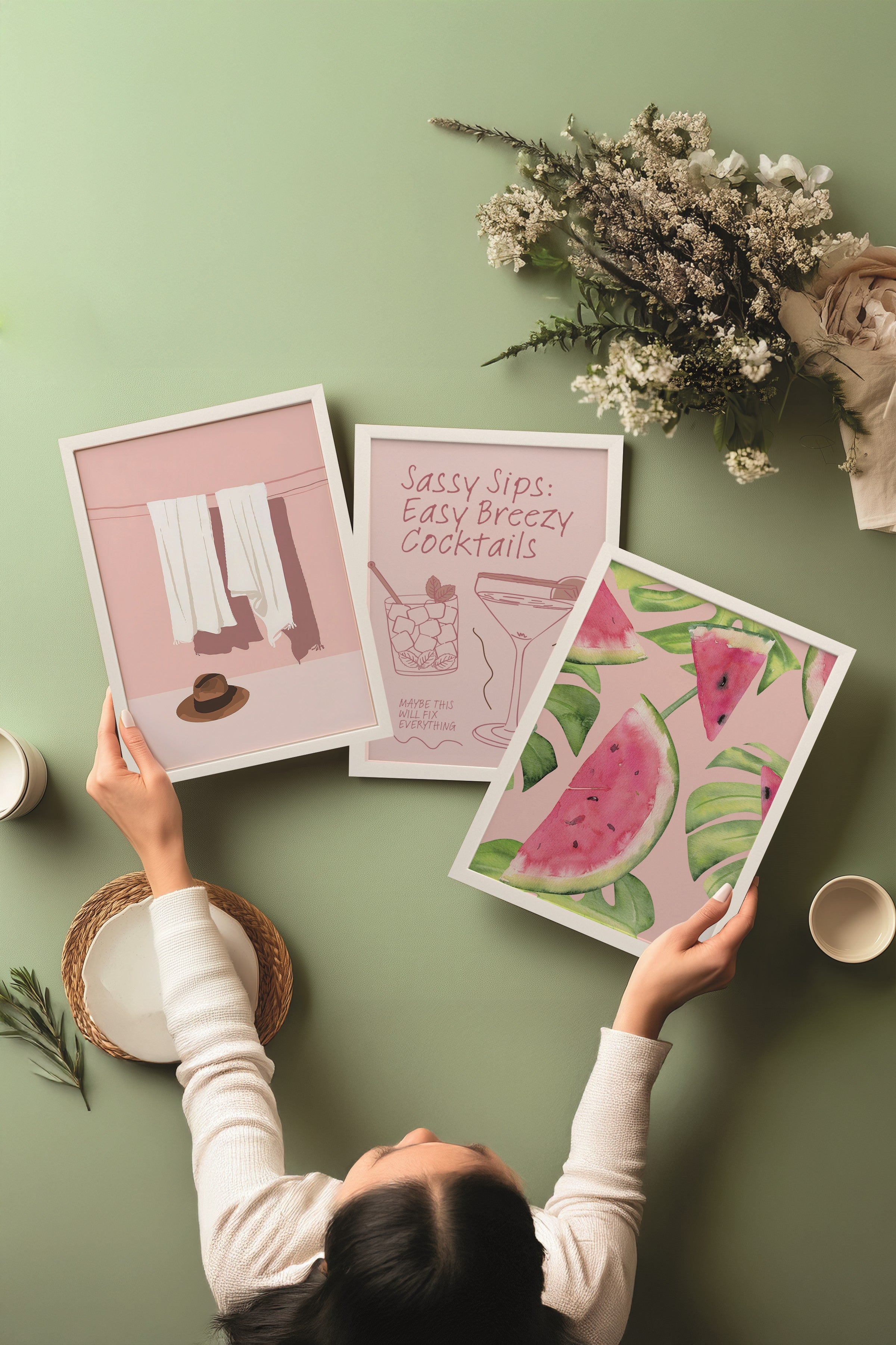 Beyaz Tablo Seti, 3 Adet Beyaz Çerçeveli Poster Easy Breezy Model No:300844, Pembe Duvar Dekoru