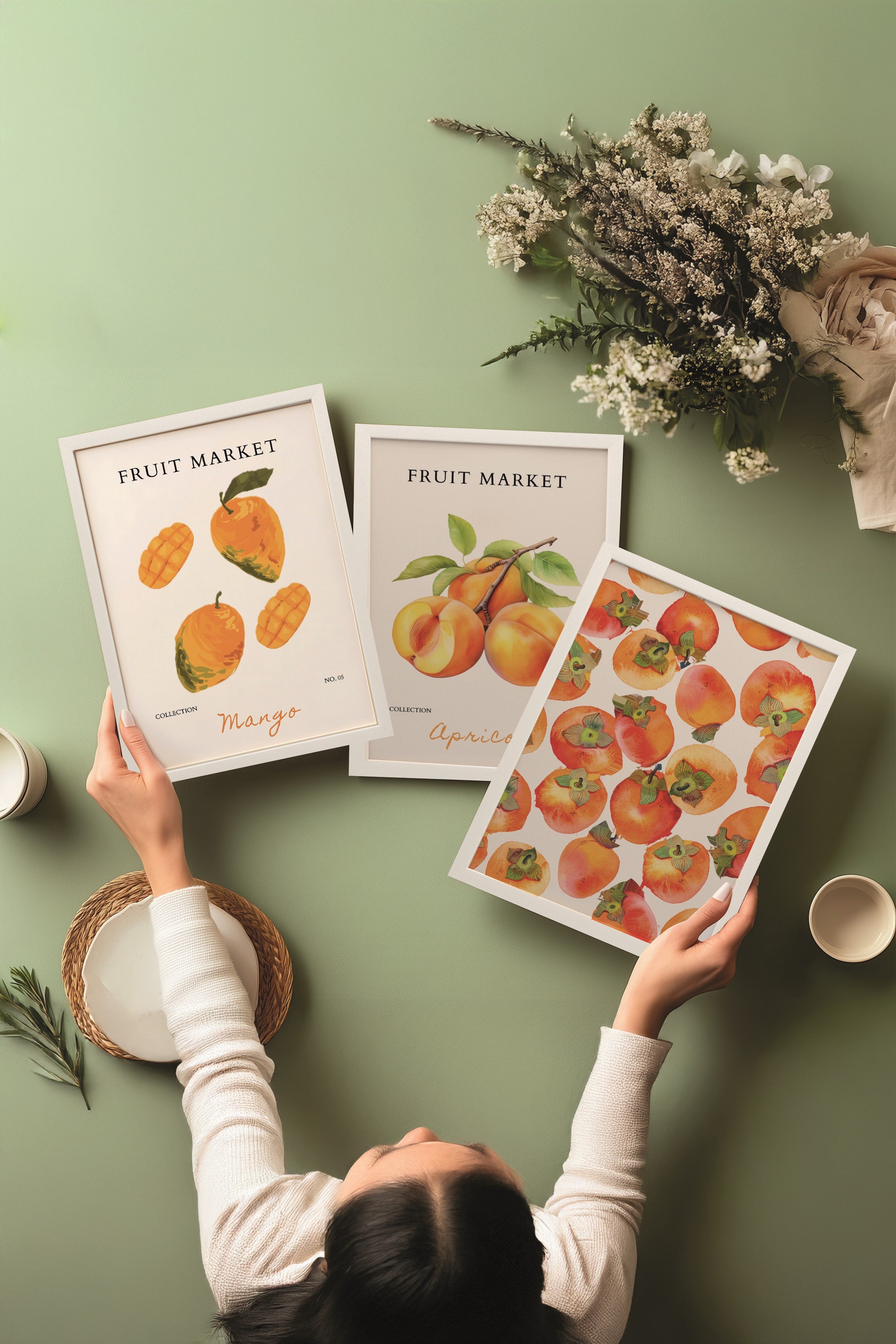 Beyaz Tablo Seti, 3 Adet Beyaz Çerçeveli Poster Fruit Market Model No:300881, Turuncu Duvar Dekoru