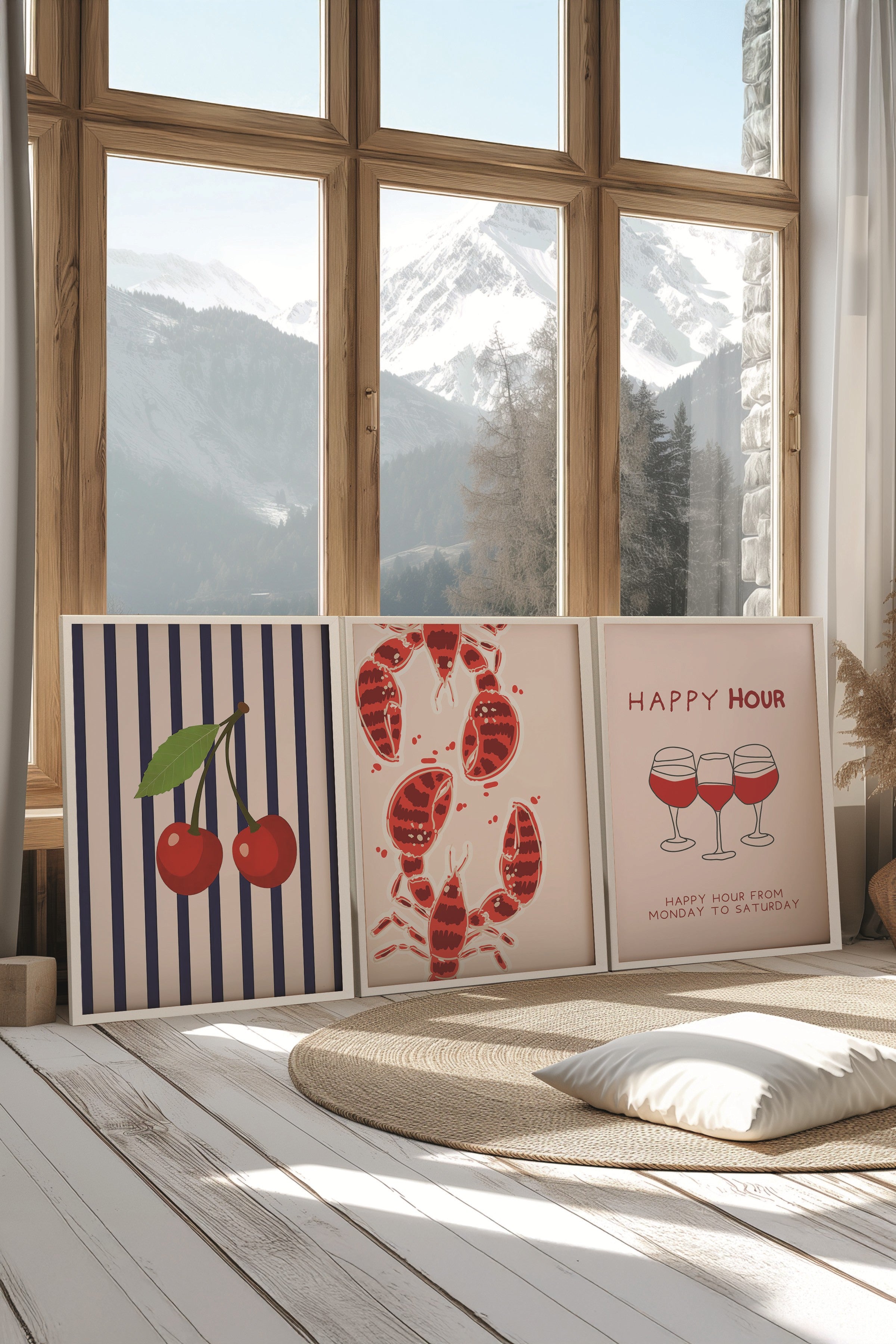Beyaz Tablo Seti, 3 Adet Beyaz Çerçeveli Poster Happy Hour Model No:300841, Kırmızı Duvar Dekoru