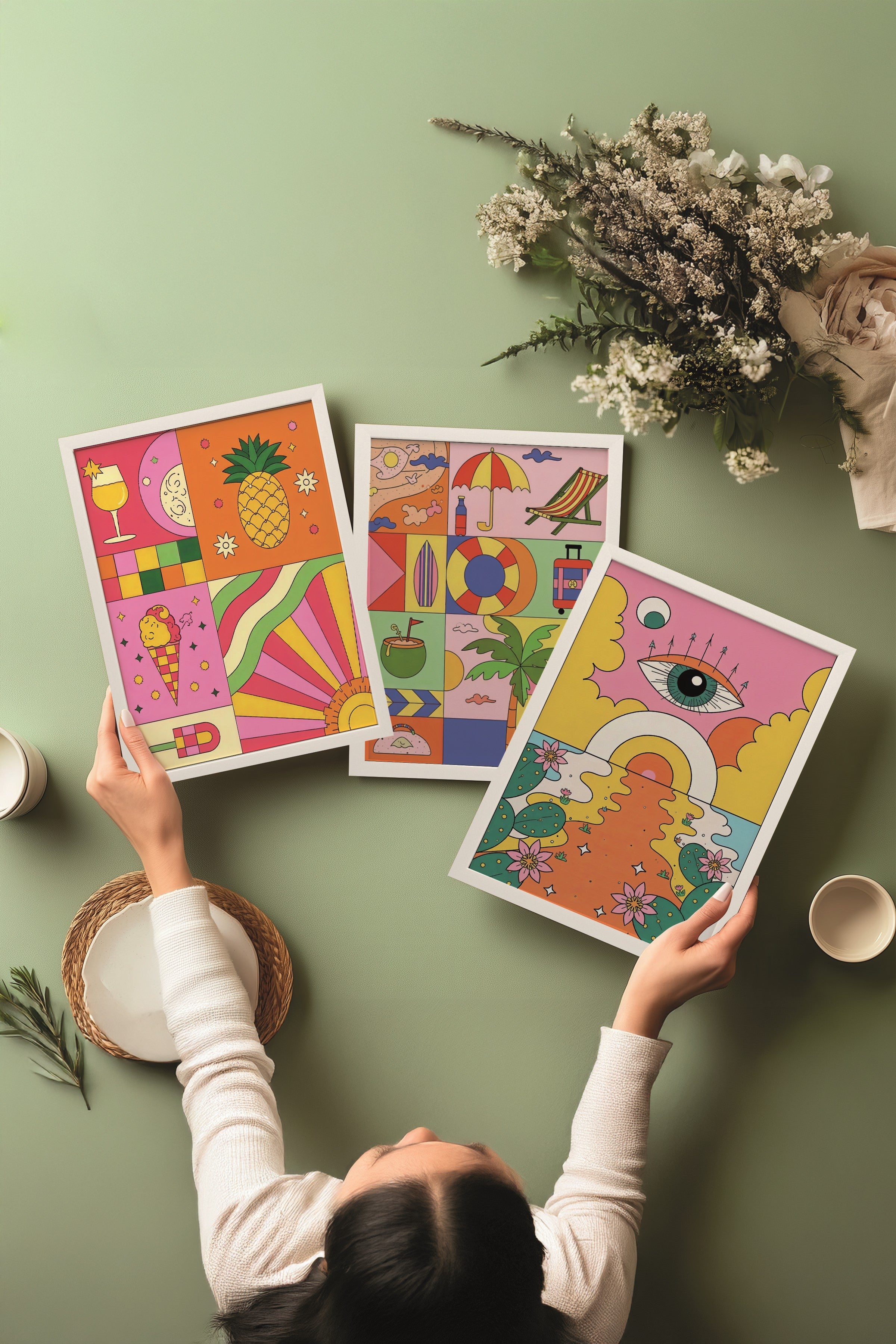 Beyaz Tablo Seti, 3 Adet Beyaz Çerçeveli Poster İndie Summer Model No:300839, Renkli Duvar Dekoru