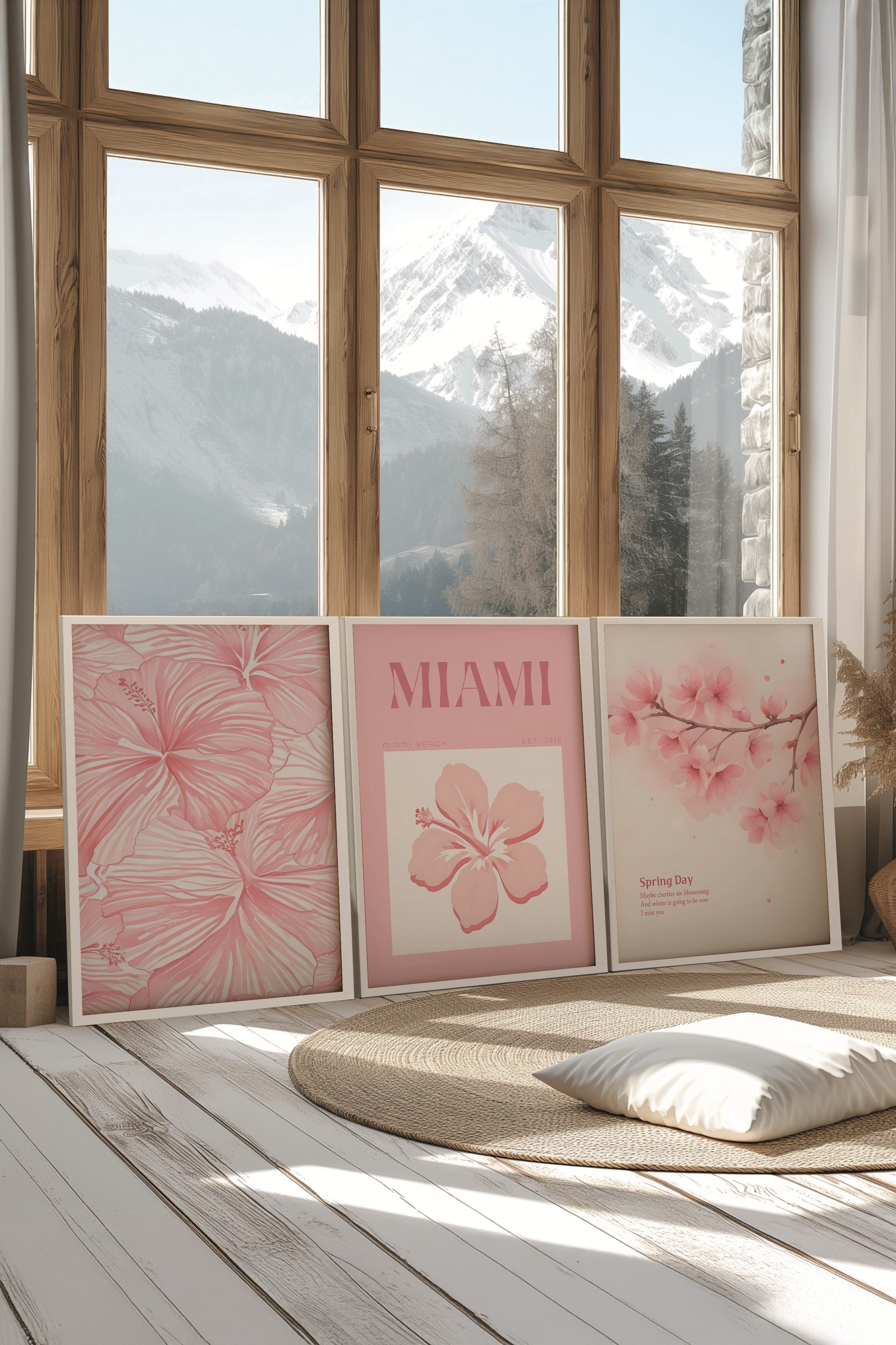Beyaz Tablo Seti, 3 Adet Beyaz Çerçeveli Poster Miami Model No:300799, Pembe Duvar Dekoru