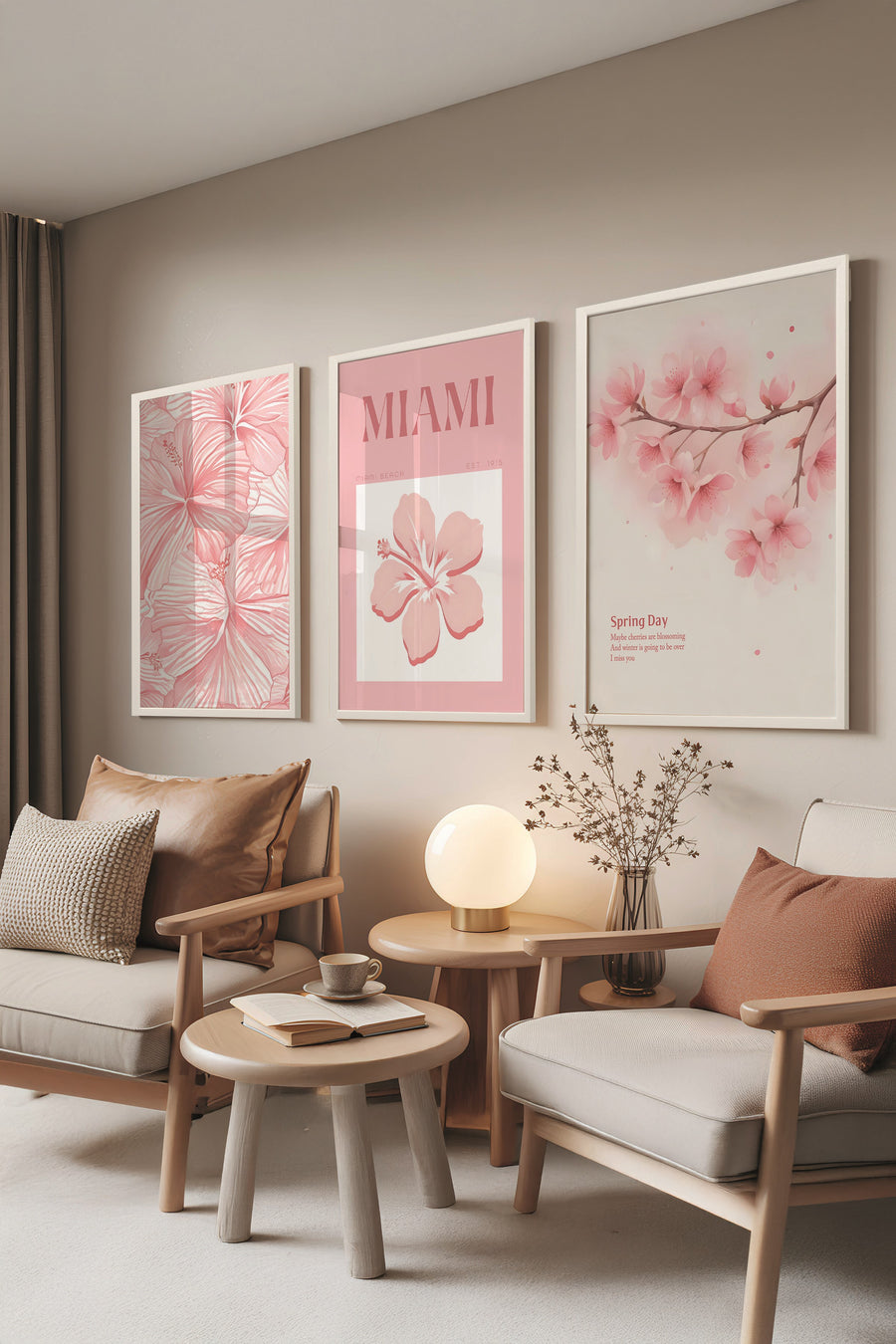 Beyaz Tablo Seti, 3 Adet Beyaz Çerçeveli Poster Miami Model No:300799, Pembe Duvar Dekoru