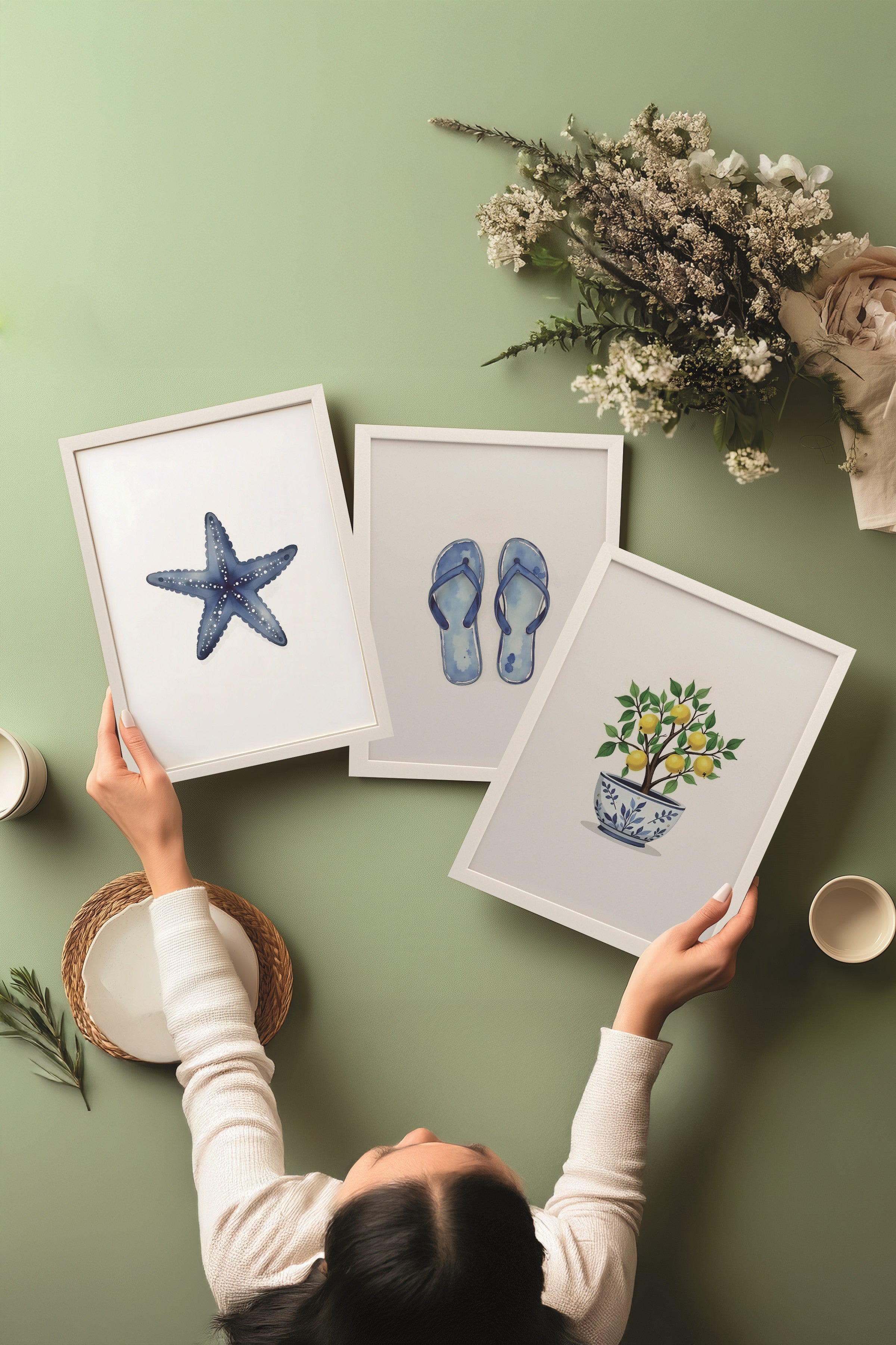 Beyaz Tablo Seti, 3 Adet Beyaz Çerçeveli Poster Mini summer Model No:300857, Mavi Duvar Dekoru
