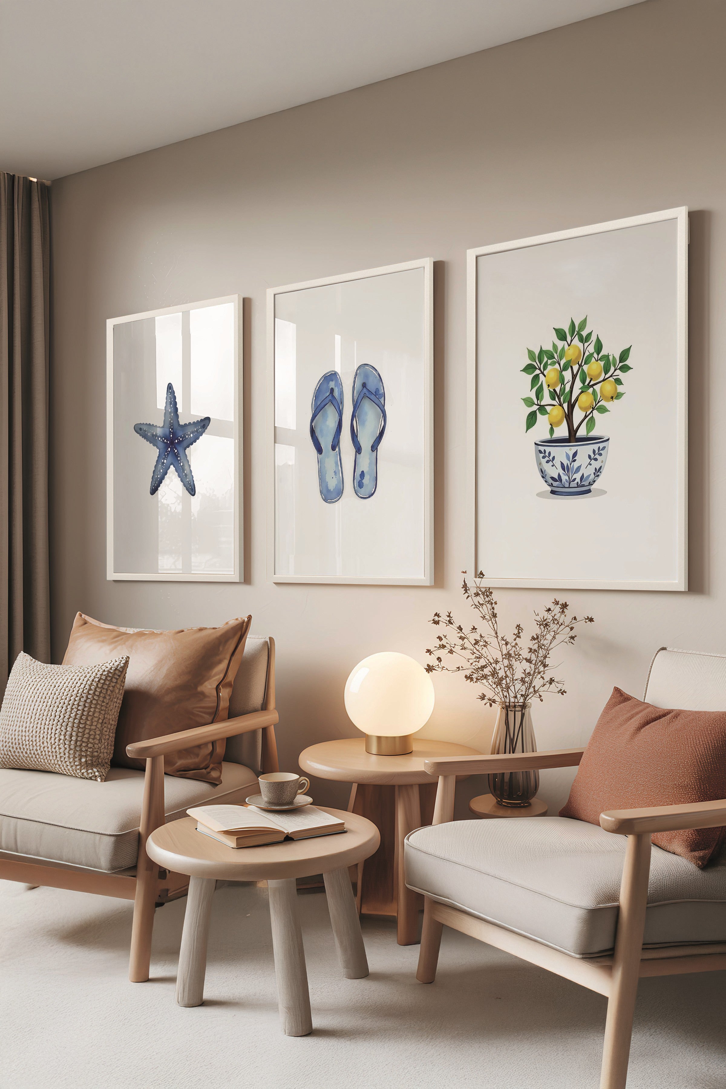 Beyaz Tablo Seti, 3 Adet Beyaz Çerçeveli Poster Mini summer Model No:300857, Mavi Duvar Dekoru