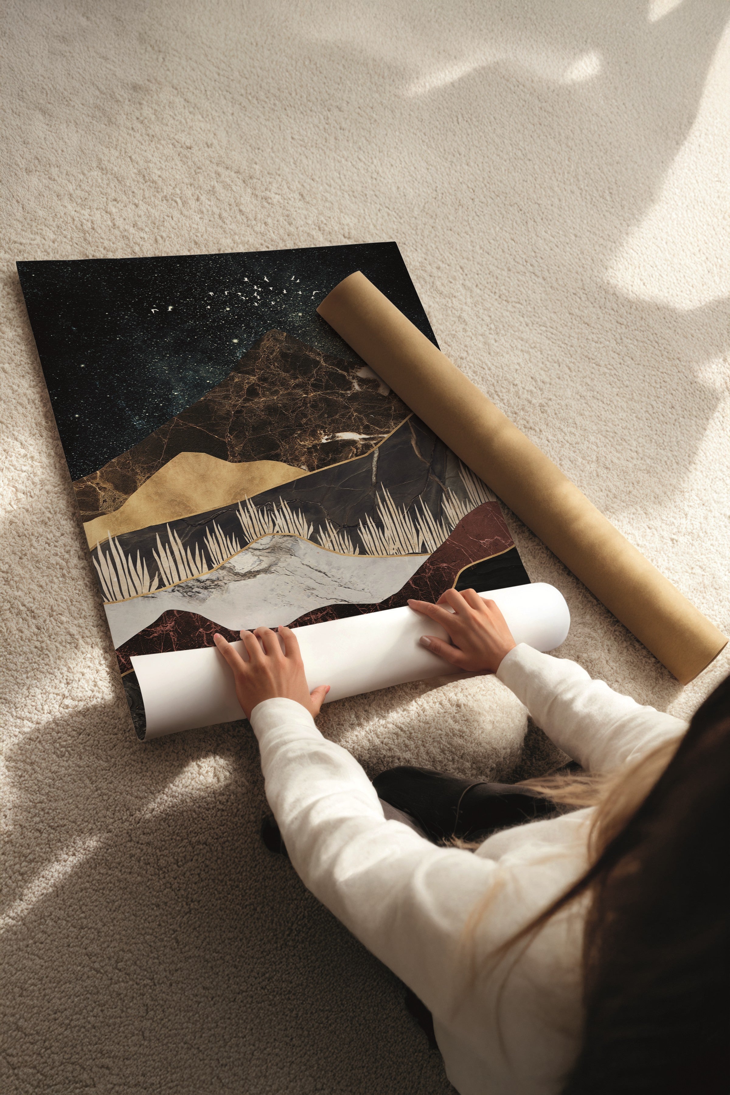 Beyaz Tablo Seti, 3 Adet Beyaz Çerçeveli Poster Moon Love Model No:300885, Kahverengi Duvar Dekoru
