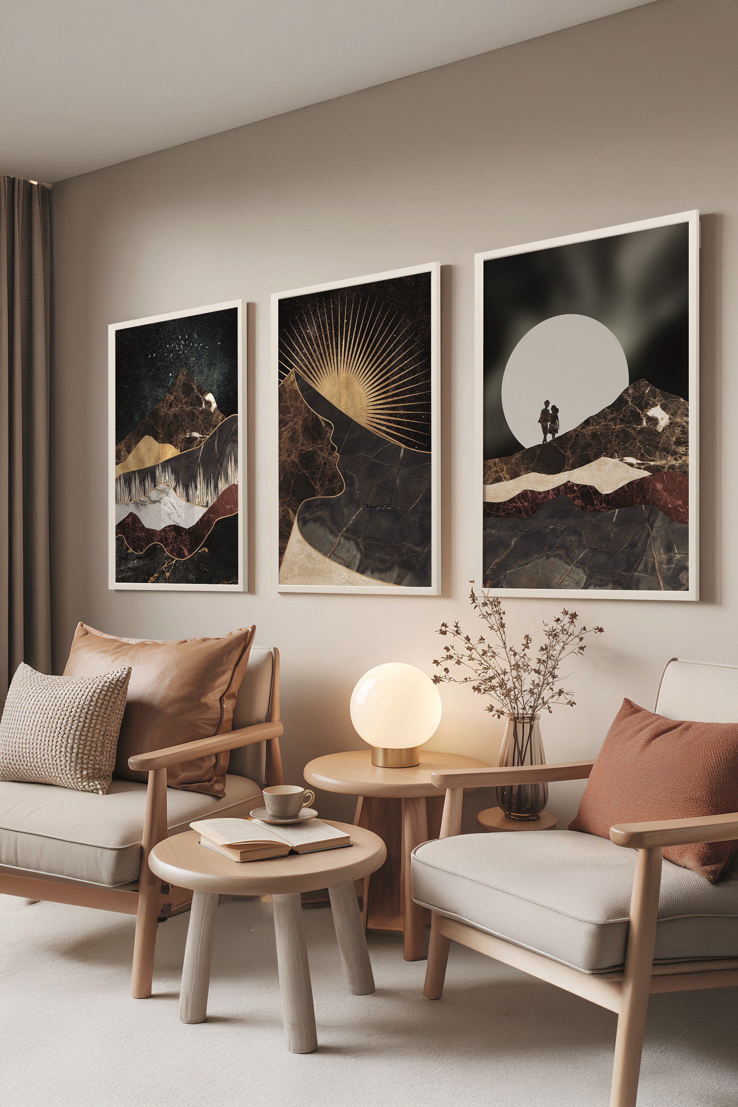 Beyaz Tablo Seti, 3 Adet Beyaz Çerçeveli Poster Moon Love Model No:300885, Kahverengi Duvar Dekoru