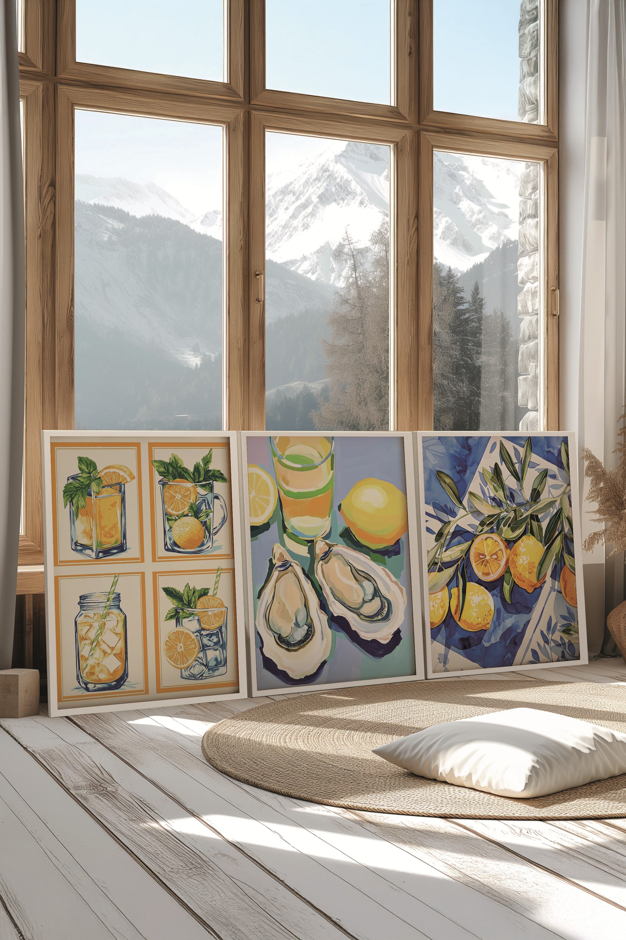 Beyaz Tablo Seti, 3 Adet Beyaz Çerçeveli Poster Mussel & Lemon Model No:300845, Sarı Duvar Dekor