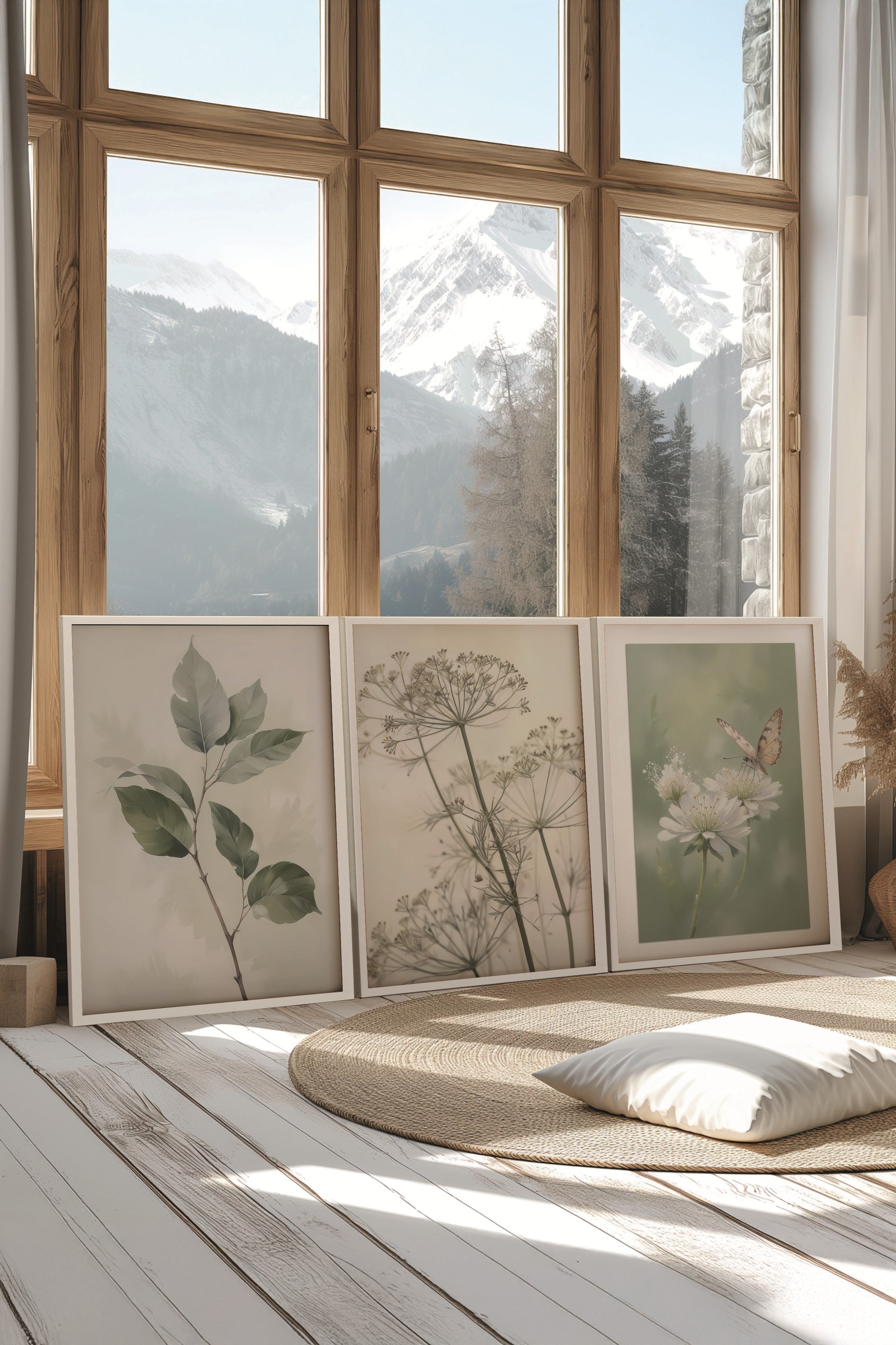 Beyaz Tablo Seti, 3 Adet Beyaz Çerçeveli Poster Nature Model No:300809, Yeşil Duvar Dekoru