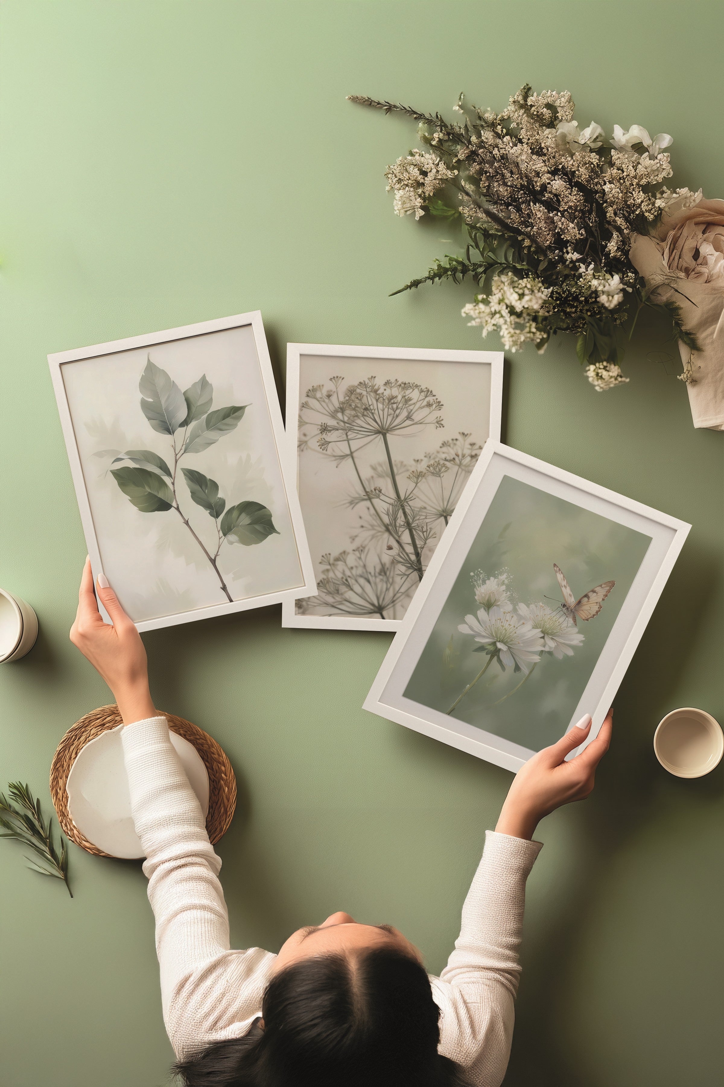 Beyaz Tablo Seti, 3 Adet Beyaz Çerçeveli Poster Nature Model No:300809, Yeşil Duvar Dekoru