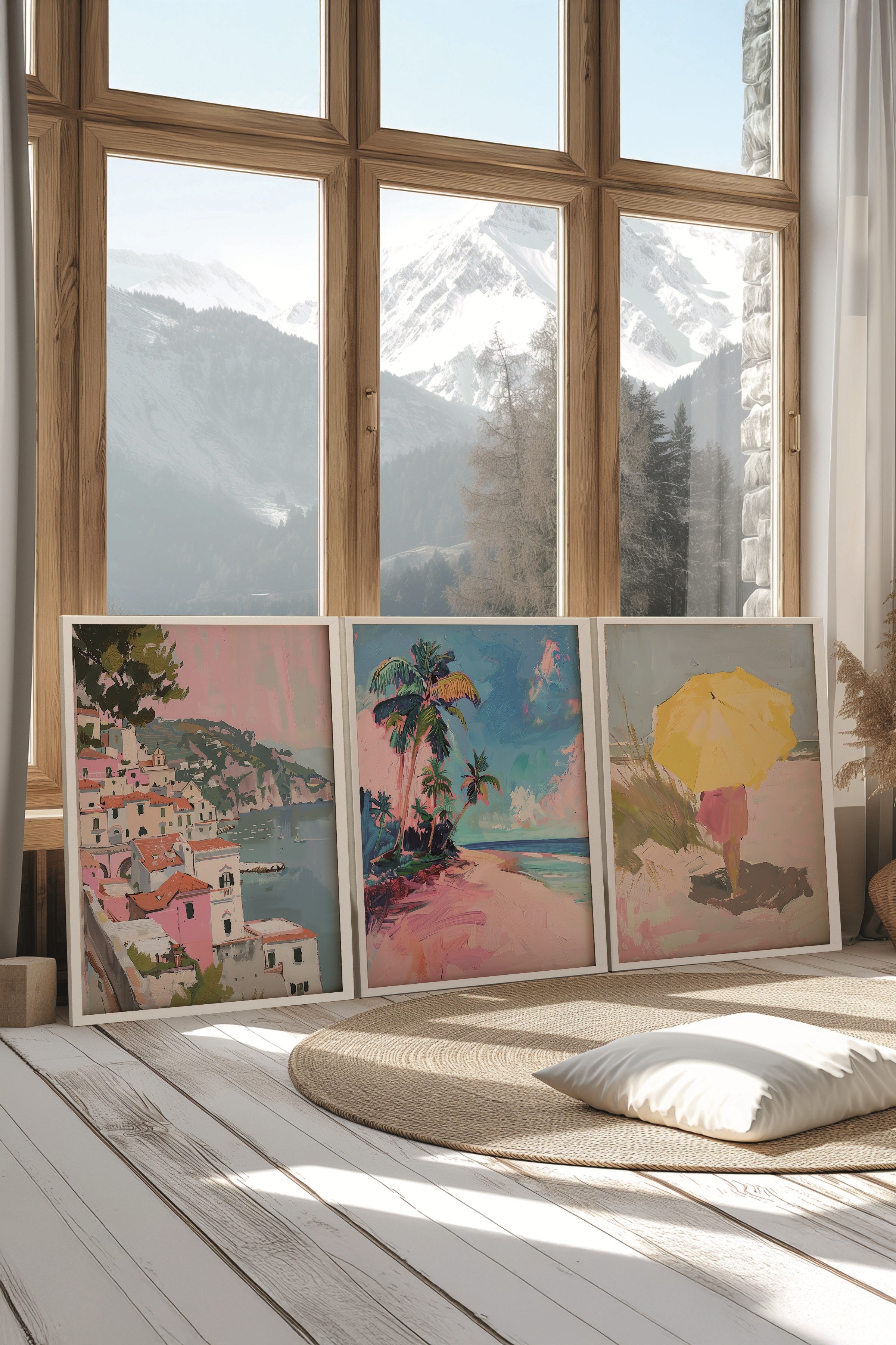 Beyaz Tablo Seti, 3 Adet Beyaz Çerçeveli Poster Pembe Sahil Model No:300898, Renkli Duvar Dekoru