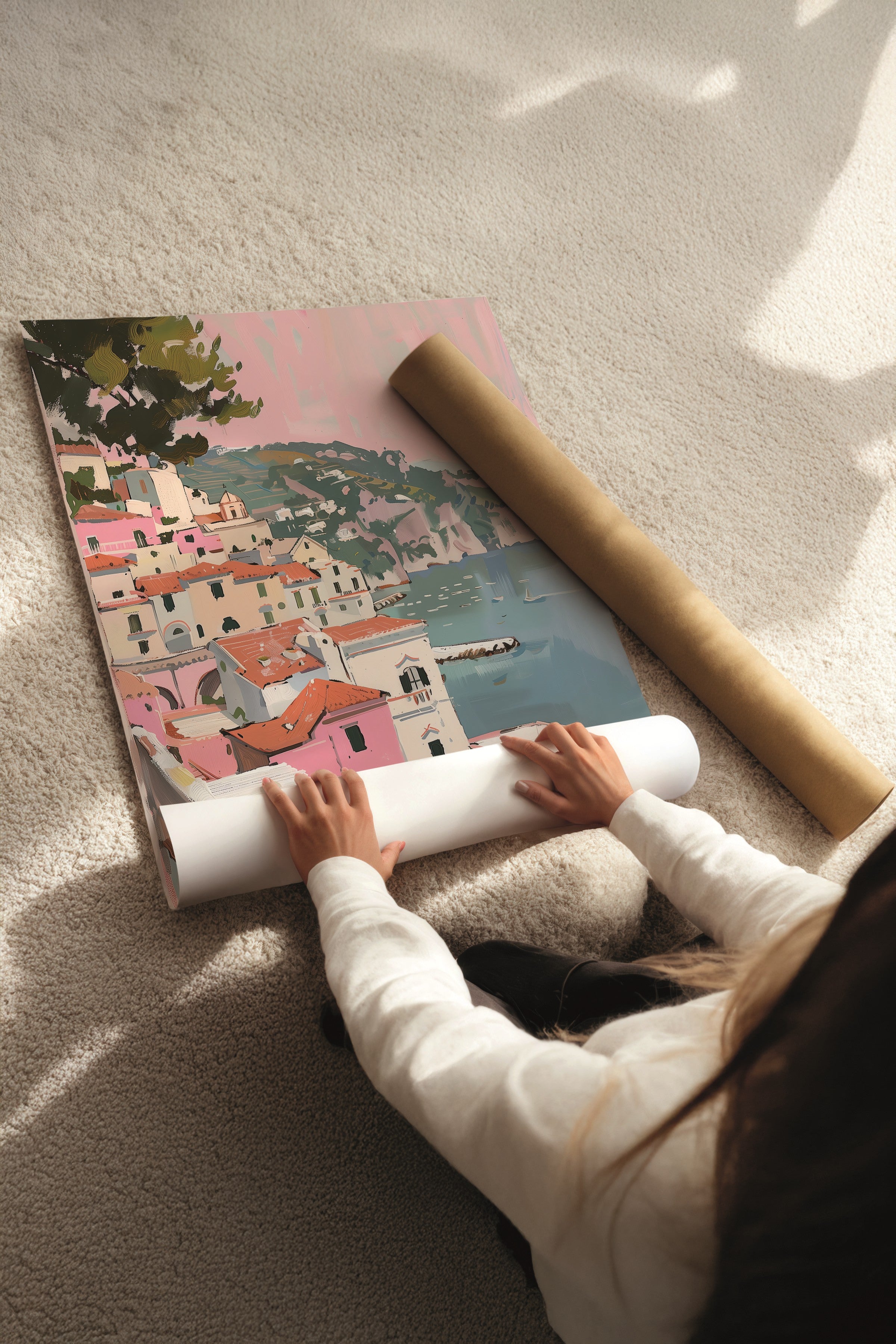 Beyaz Tablo Seti, 3 Adet Beyaz Çerçeveli Poster Pembe Sahil Model No:300898, Renkli Duvar Dekoru