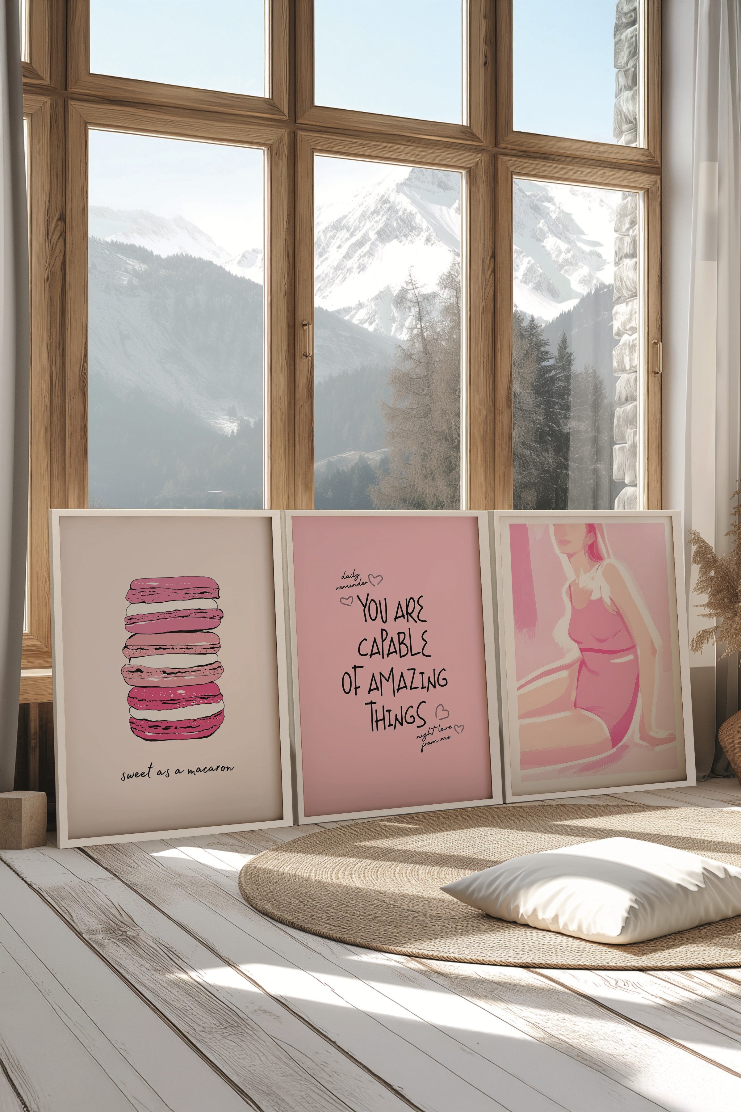 Beyaz Tablo Seti, 3 Adet Beyaz Çerçeveli Poster Pink Motivation Model No:300811, Pembe Duvar Dekoru
