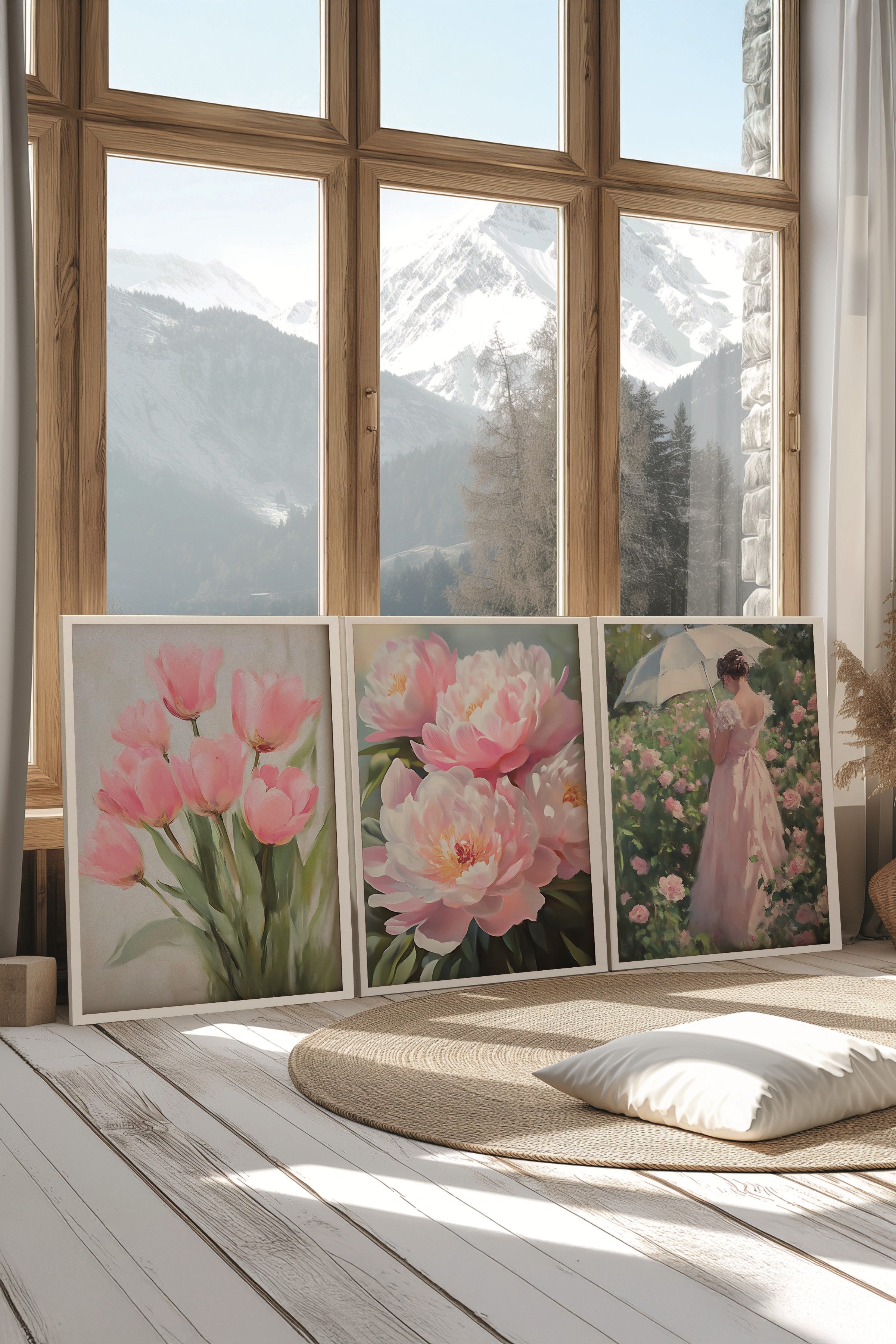 Beyaz Tablo Seti, 3 Adet Beyaz Çerçeveli Poster pinky flower Model No:300894, Pembe Duvar Dekoru