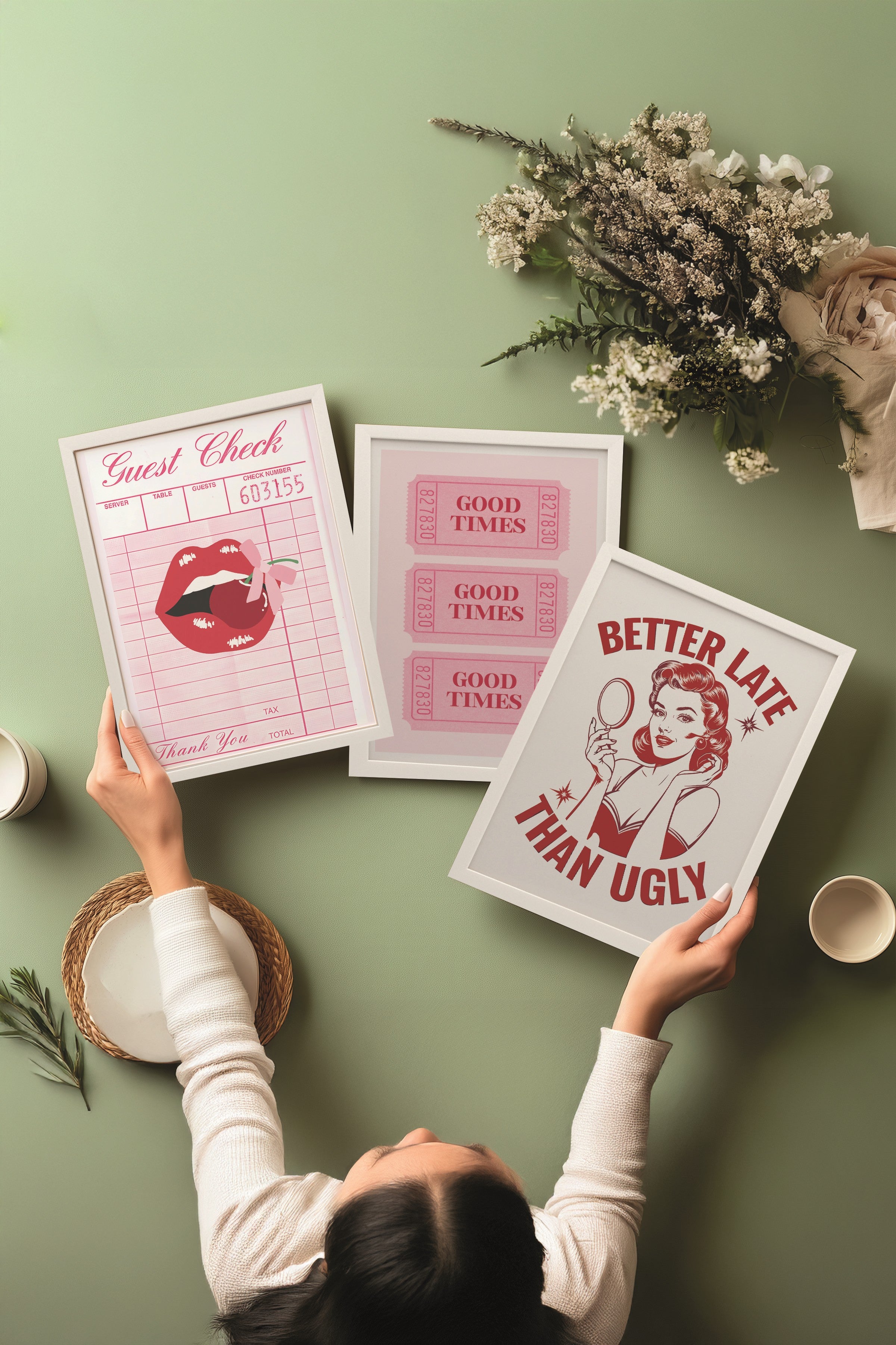 Beyaz Tablo Seti, 3 Adet Beyaz Çerçeveli Poster Preppy Model No:300821, Duvar Dekoru