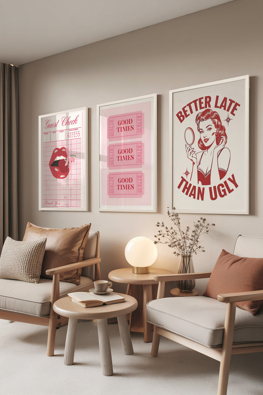Beyaz Tablo Seti, 3 Adet Beyaz Çerçeveli Poster Preppy Model No:300821, Duvar Dekoru