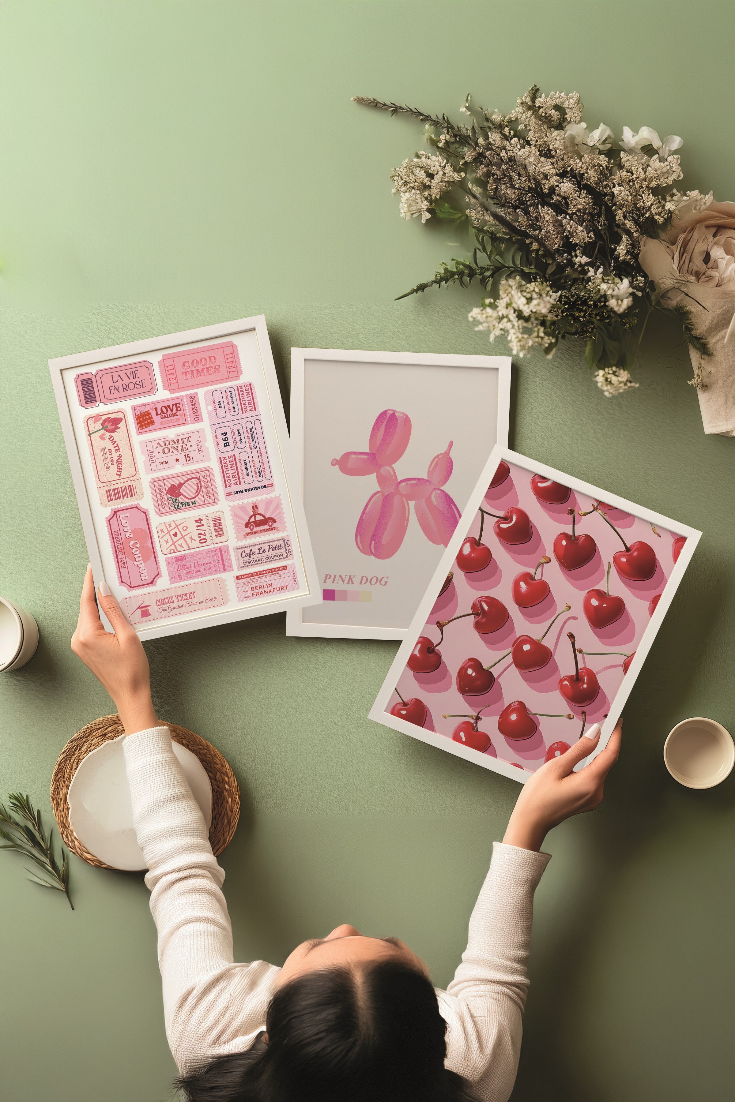 Beyaz Tablo Seti, 3 Adet Beyaz Çerçeveli Poster Preppy Model No:300893, Pembe Duvar Dekoru