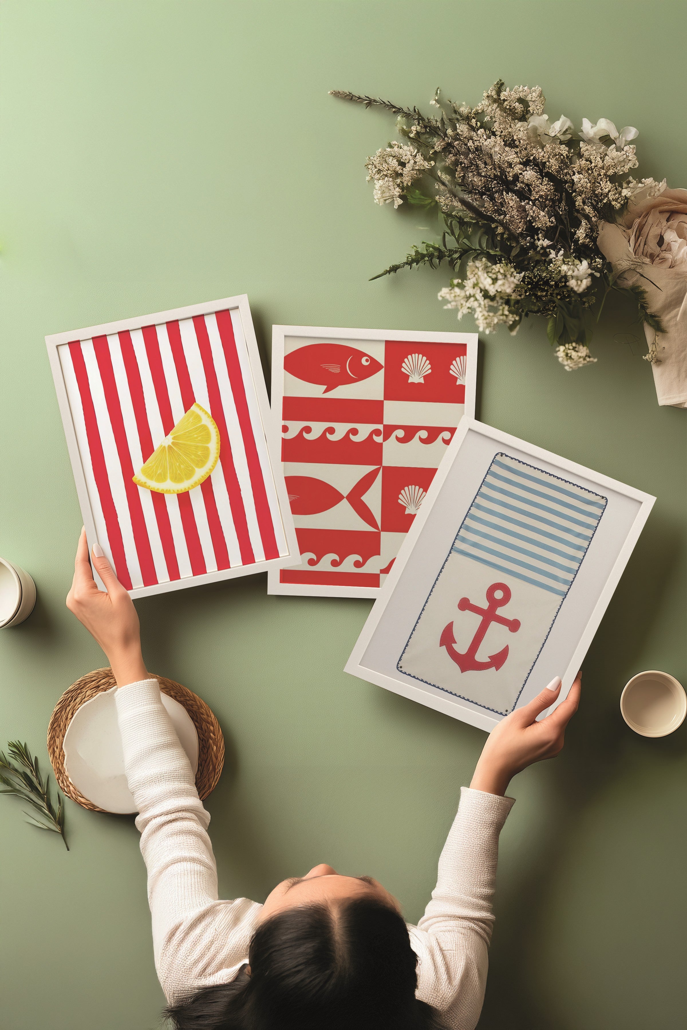 Beyaz Tablo Seti, 3 Adet Beyaz Çerçeveli Poster Red summer Model No:300830, Kırmızı Duvar Dekoru