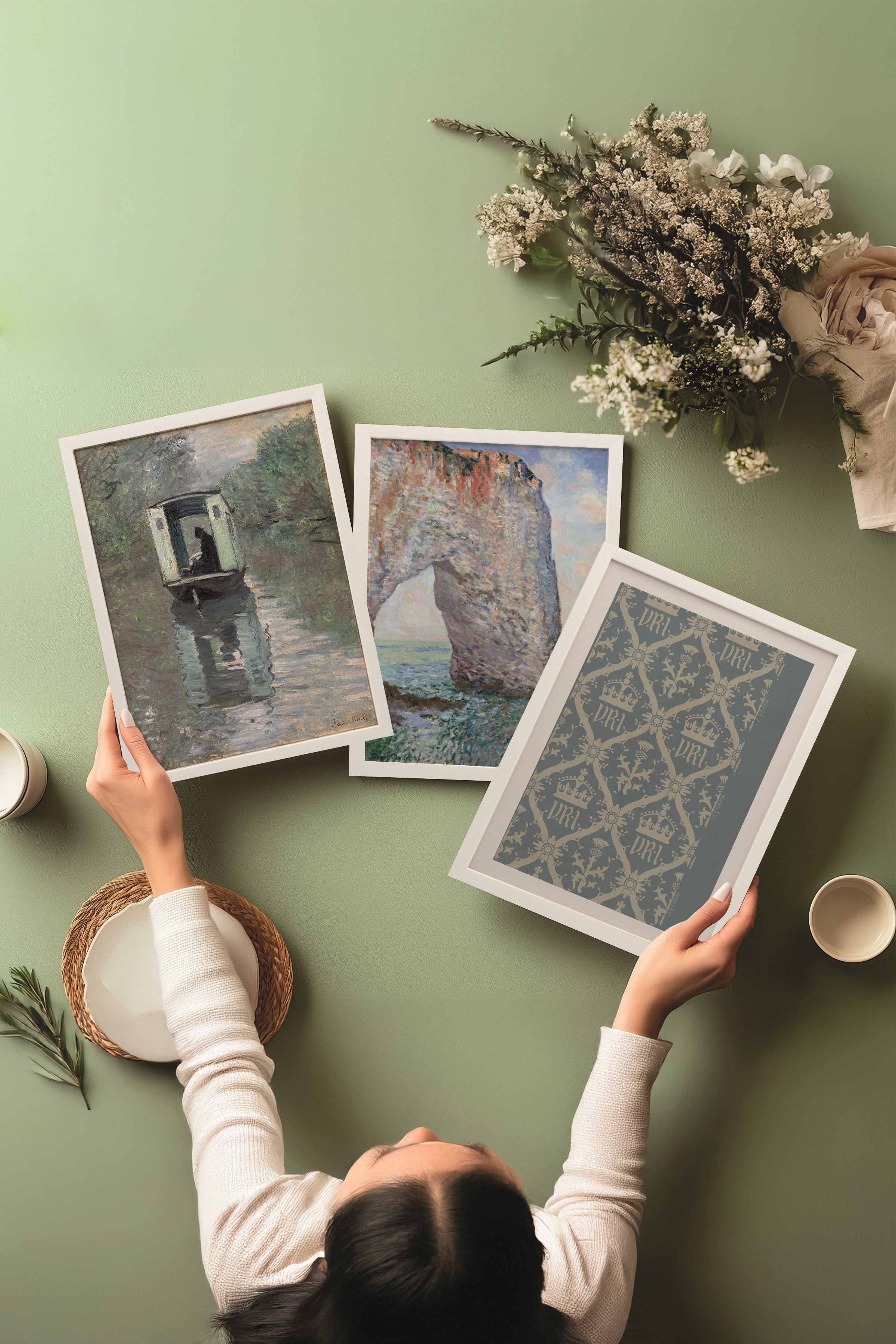 Beyaz Tablo Seti, 3 Adet Beyaz Çerçeveli Poster River Model No:300874, Mavi Duvar Dekoru