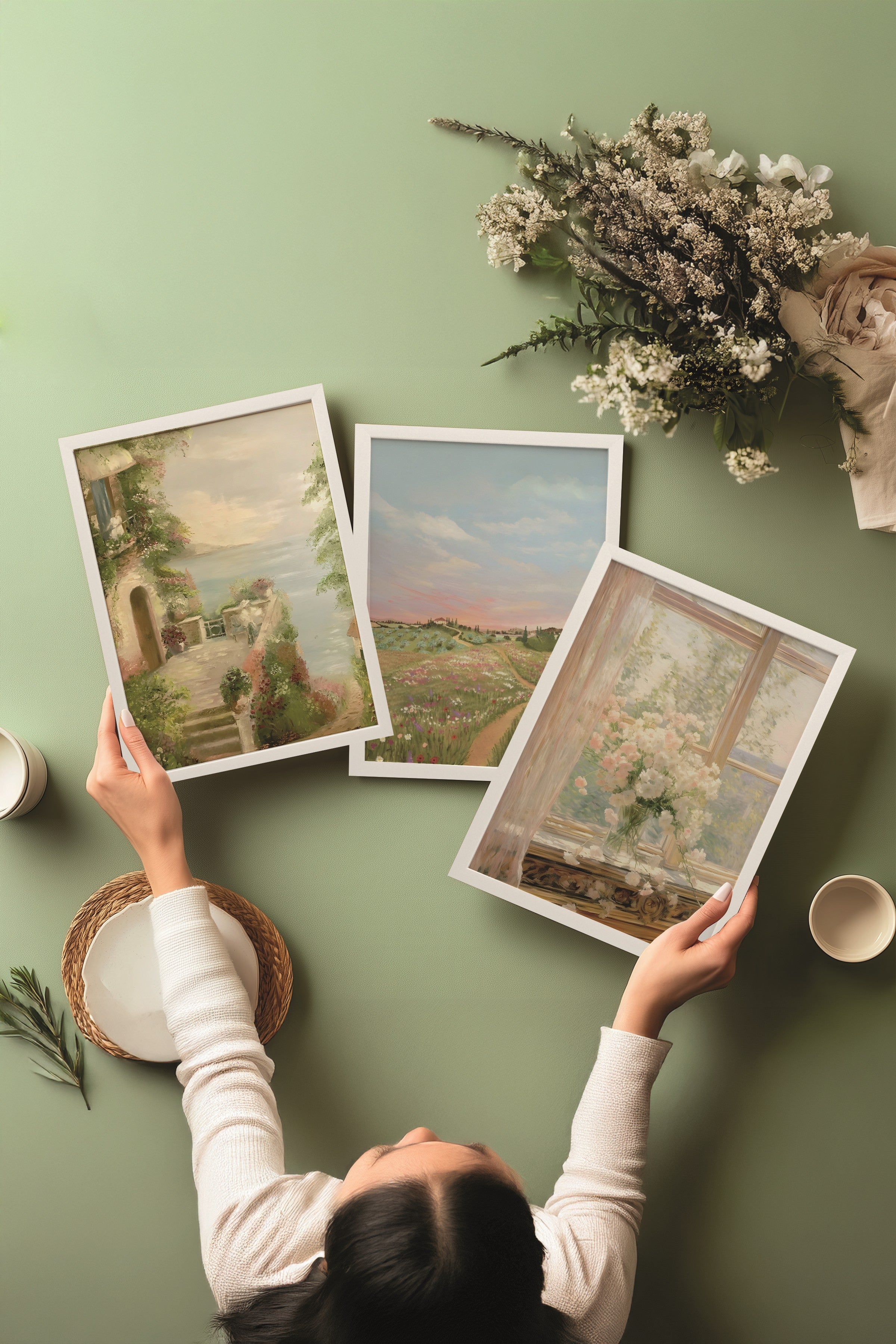 Beyaz Tablo Seti, 3 Adet Beyaz Çerçeveli Poster roses blanches Model No:300878, Yeşil Duvar Dekoru