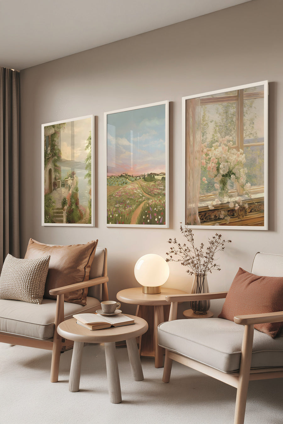 Beyaz Tablo Seti, 3 Adet Beyaz Çerçeveli Poster roses blanches Model No:300878, Yeşil Duvar Dekoru