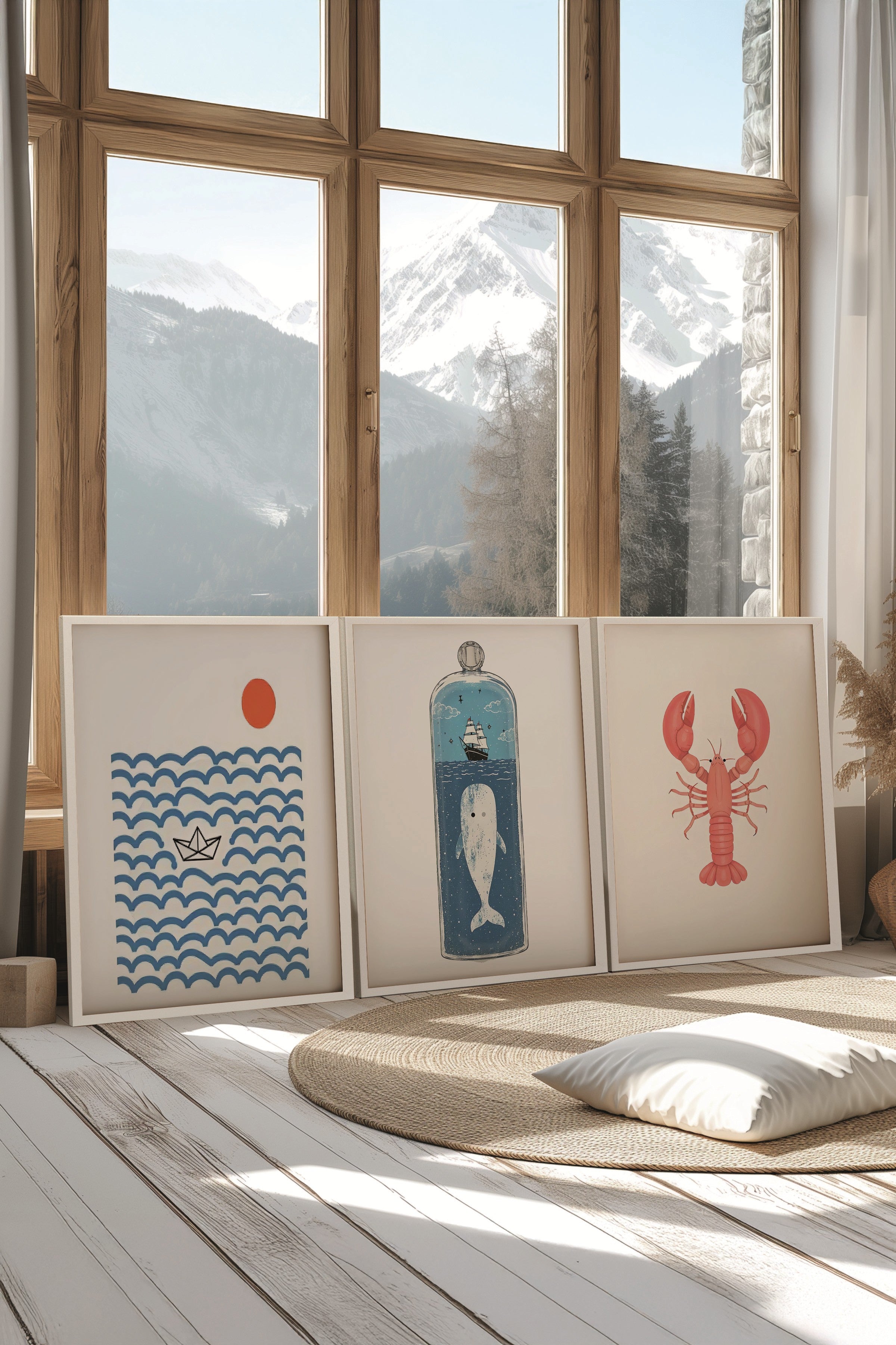 Beyaz Tablo Seti, 3 Adet Beyaz Çerçeveli Poster Sea Icons Model No:300831, Mavi Duvar Dekoru