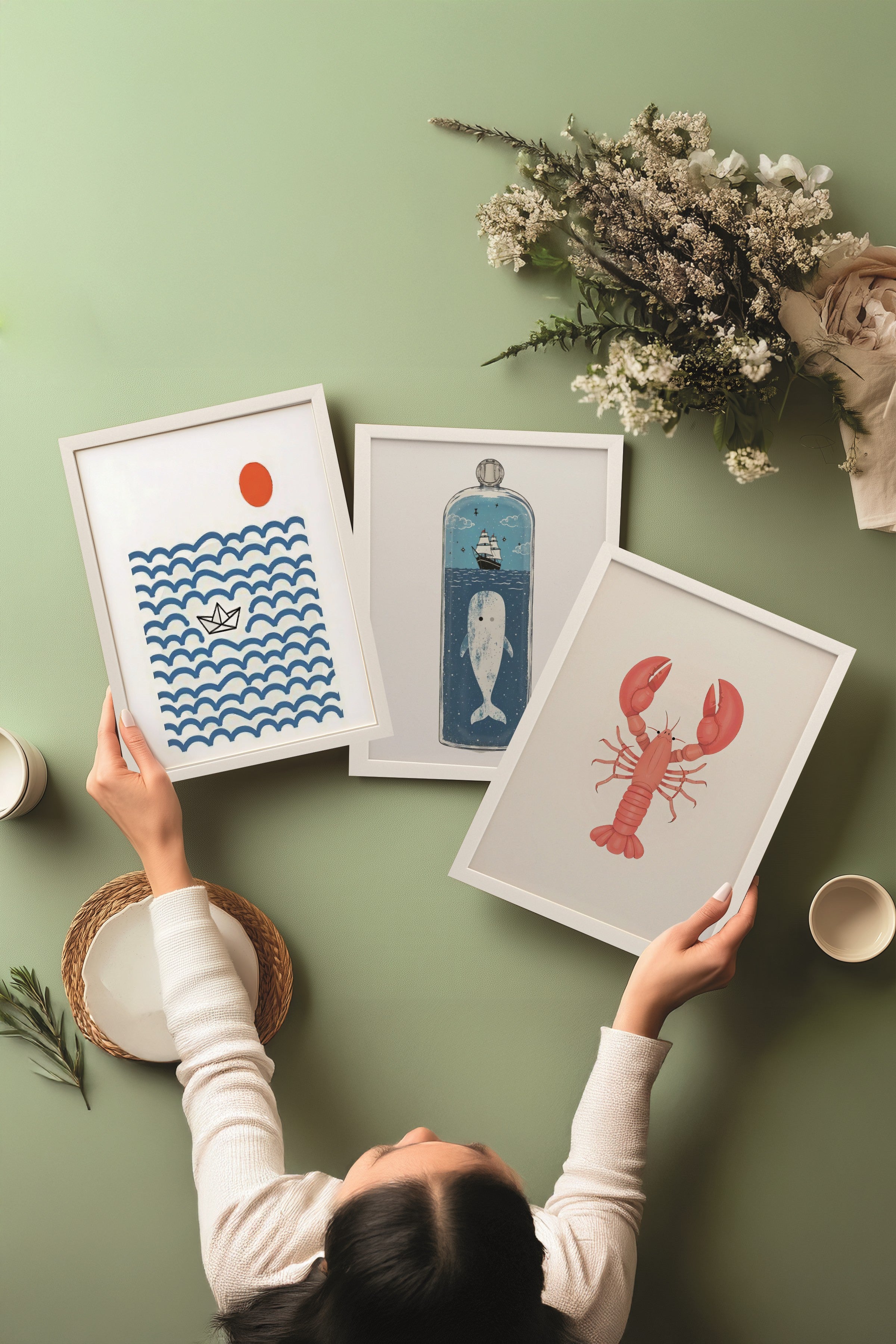 Beyaz Tablo Seti, 3 Adet Beyaz Çerçeveli Poster Sea Icons Model No:300831, Mavi Duvar Dekoru