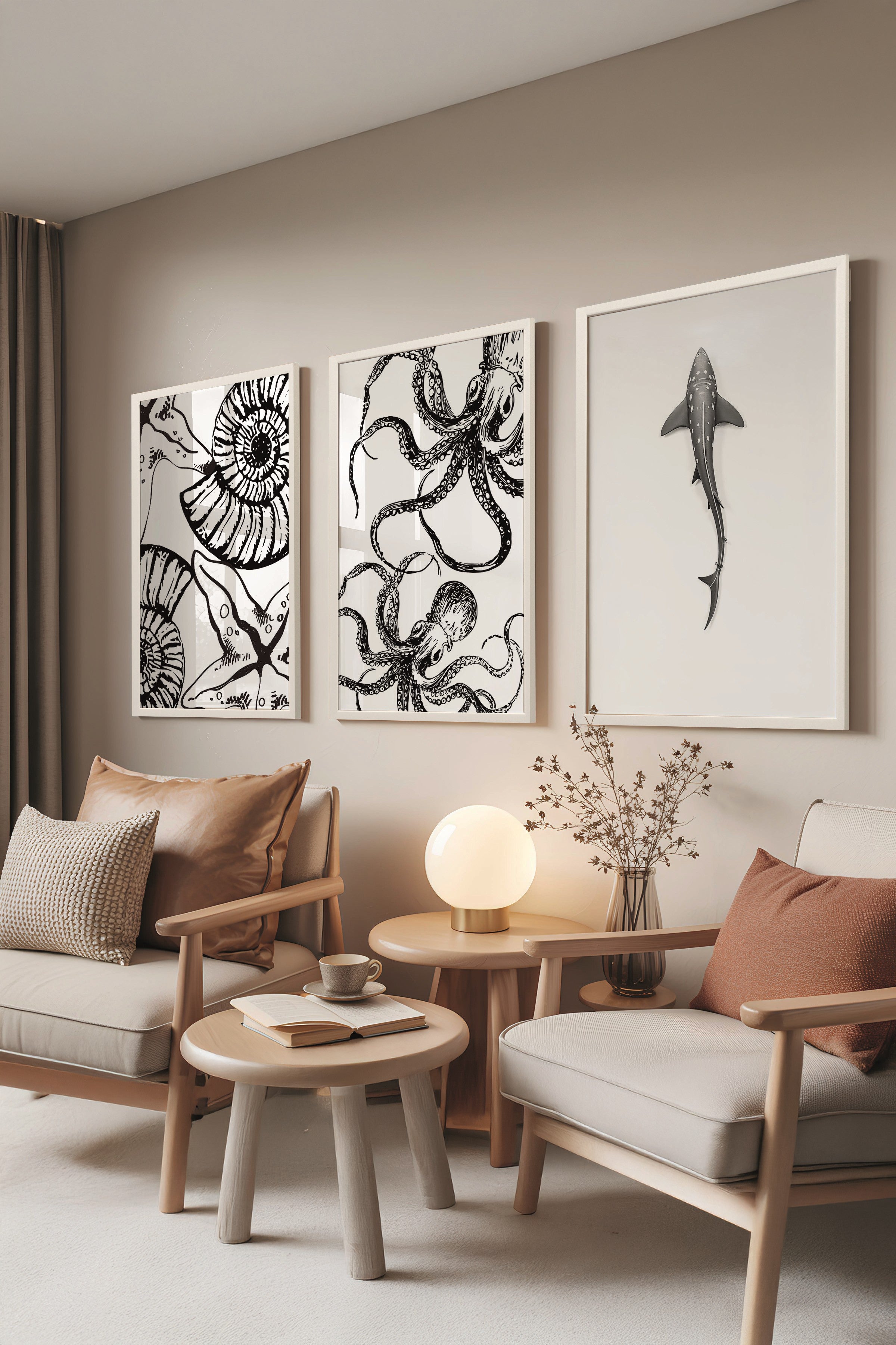 Beyaz Tablo Seti, 3 Adet Beyaz Çerçeveli Poster Sea Model No:300848, Beyaz ve Beyaz Duvar Dekoru