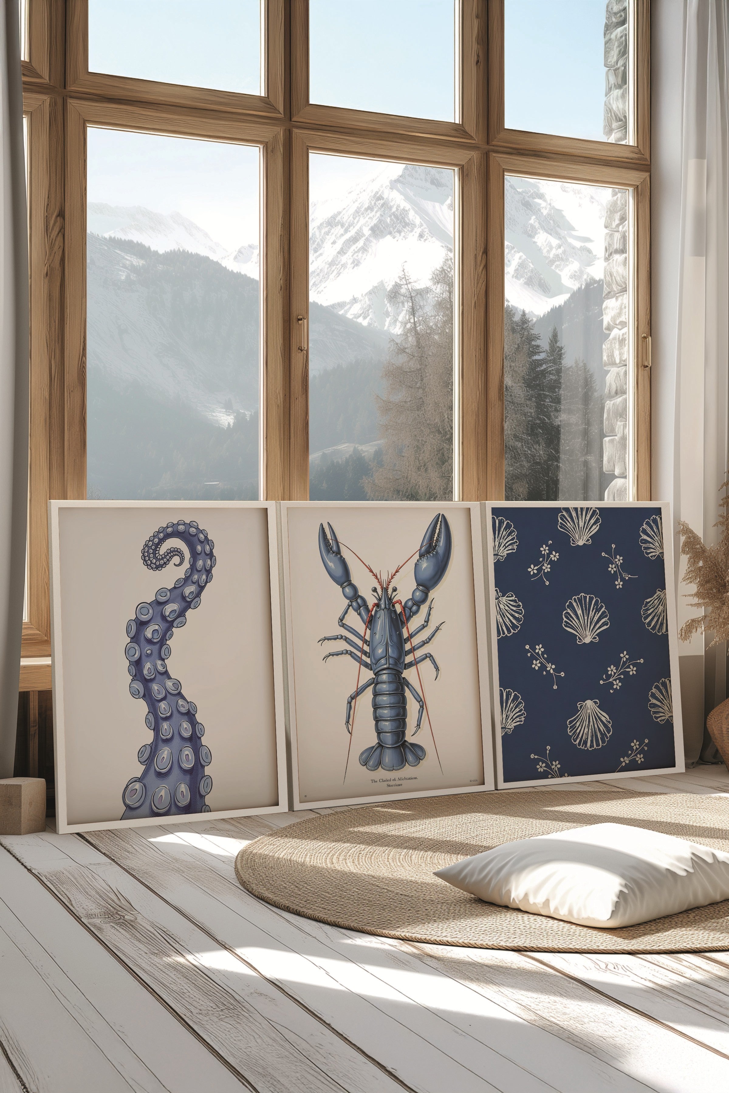 Beyaz Tablo Seti, 3 Adet Beyaz Çerçeveli Poster Sea Shells Model No:300856, Lacivert Duvar Dekoru