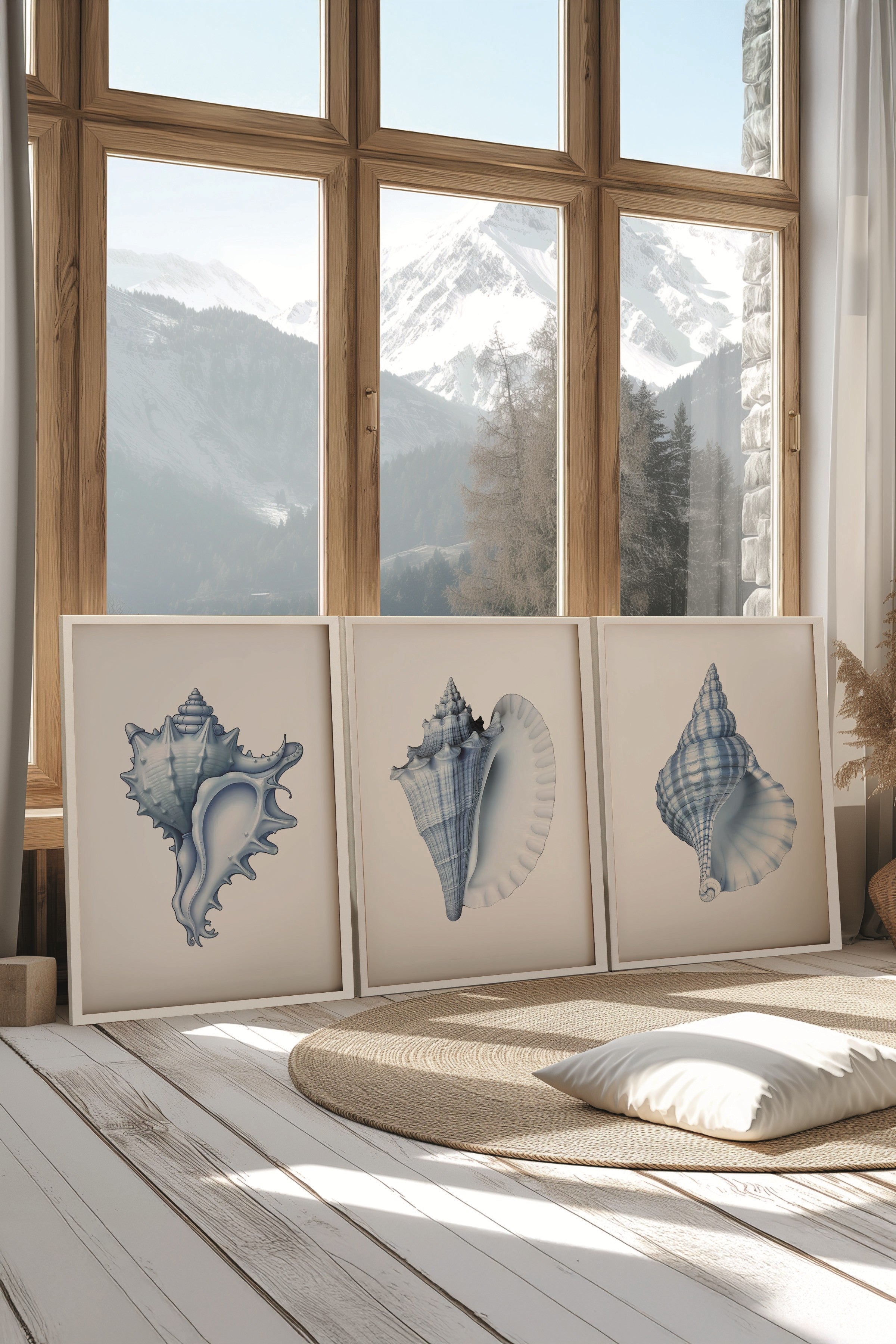 Beyaz Tablo Seti, 3 Adet Beyaz Çerçeveli Poster seashells Model No:300838, Mavi Duvar Dekoru