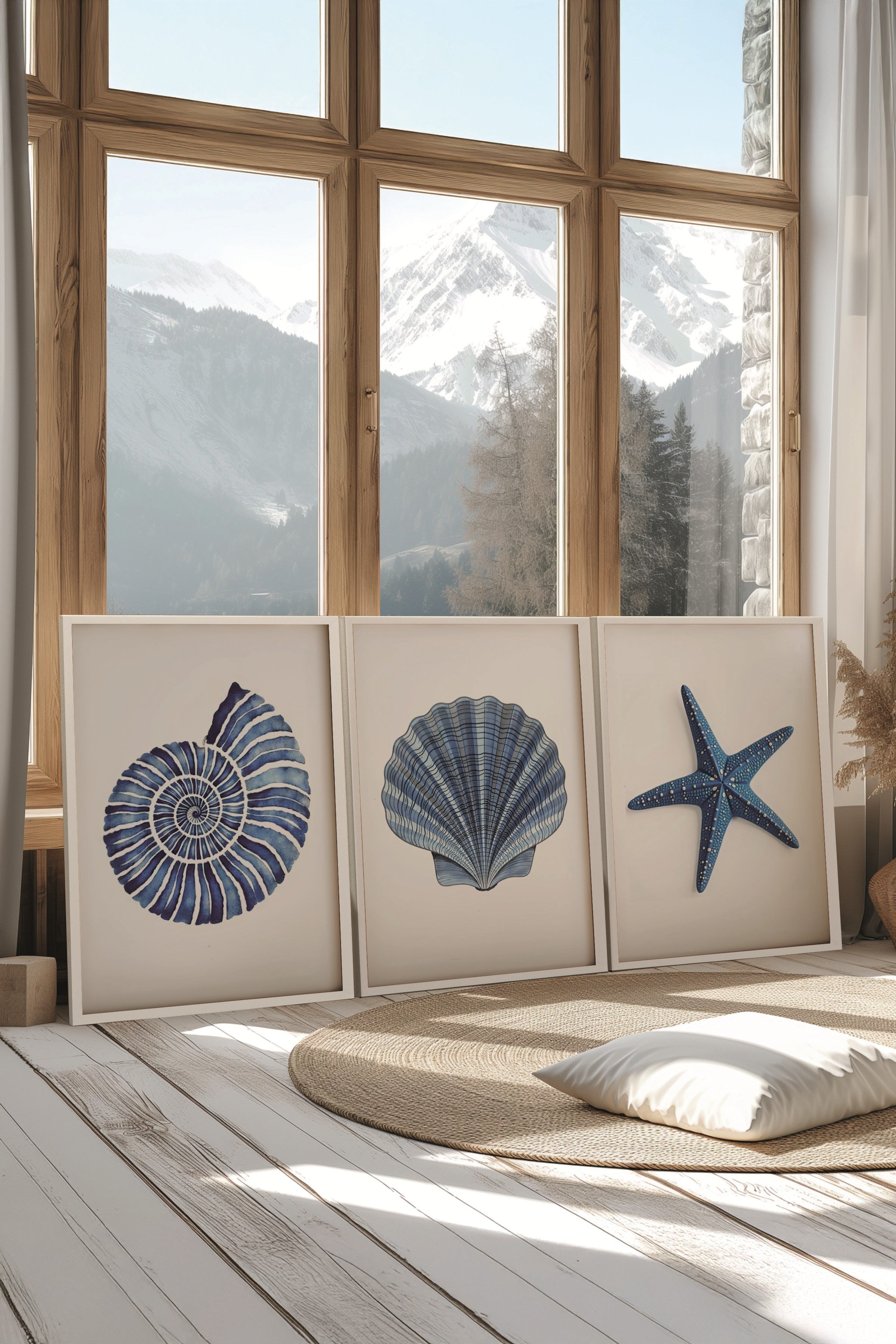 Beyaz Tablo Seti, 3 Adet Beyaz Çerçeveli Poster Seashells Model No:300890, Mavi Duvar Dekoru