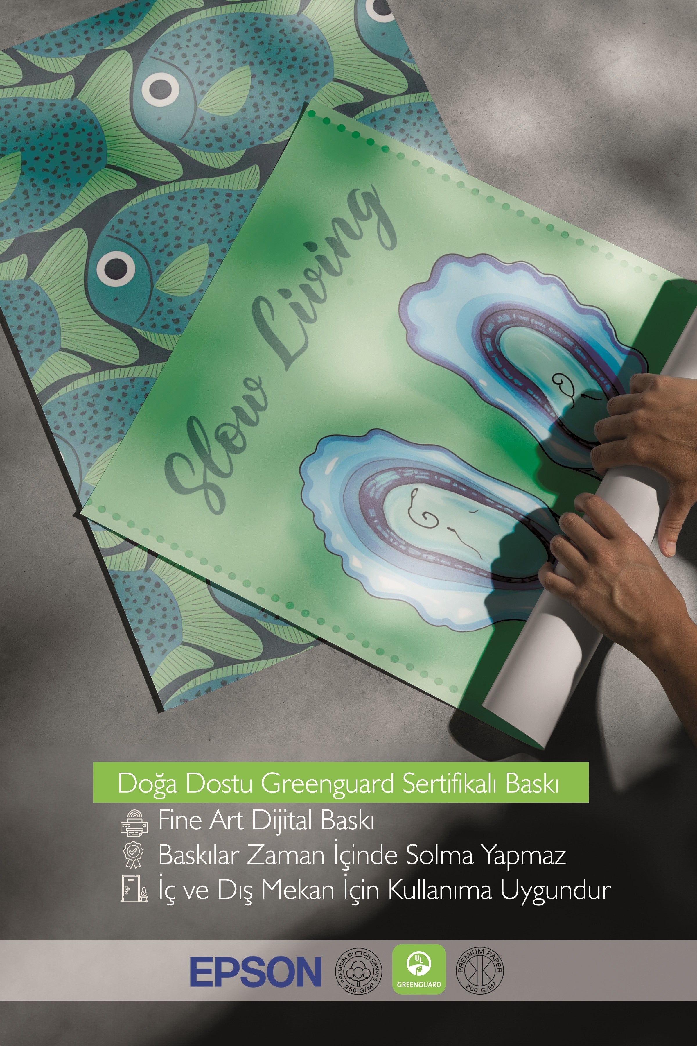 Beyaz Tablo Seti, 3 Adet Beyaz Çerçeveli Poster slow living Model No:300852, Yeşil Duvar Dekoru