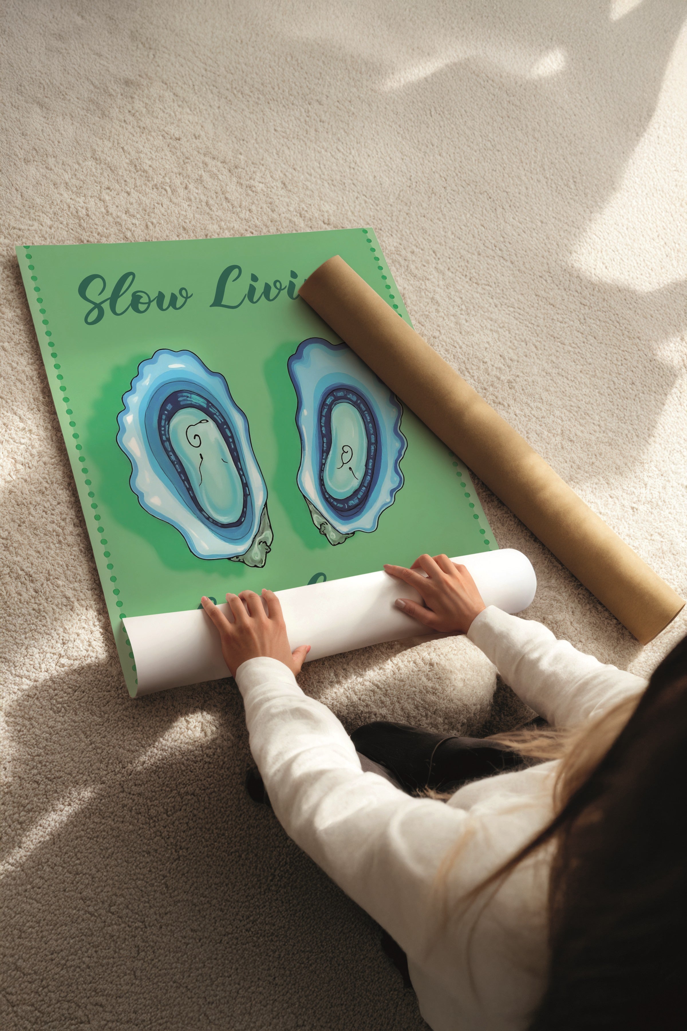 Beyaz Tablo Seti, 3 Adet Beyaz Çerçeveli Poster slow living Model No:300852, Yeşil Duvar Dekoru