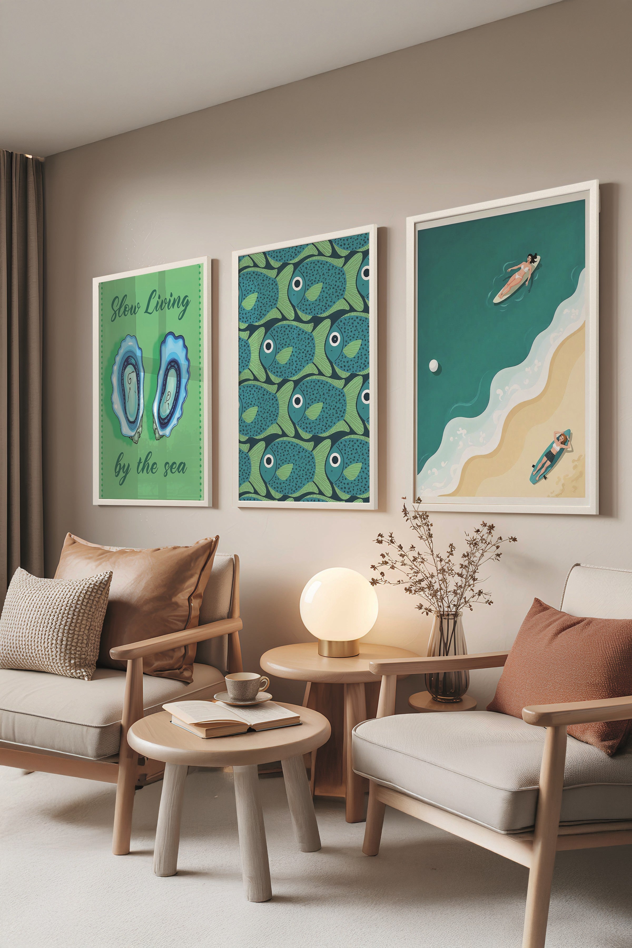 Beyaz Tablo Seti, 3 Adet Beyaz Çerçeveli Poster slow living Model No:300852, Yeşil Duvar Dekoru