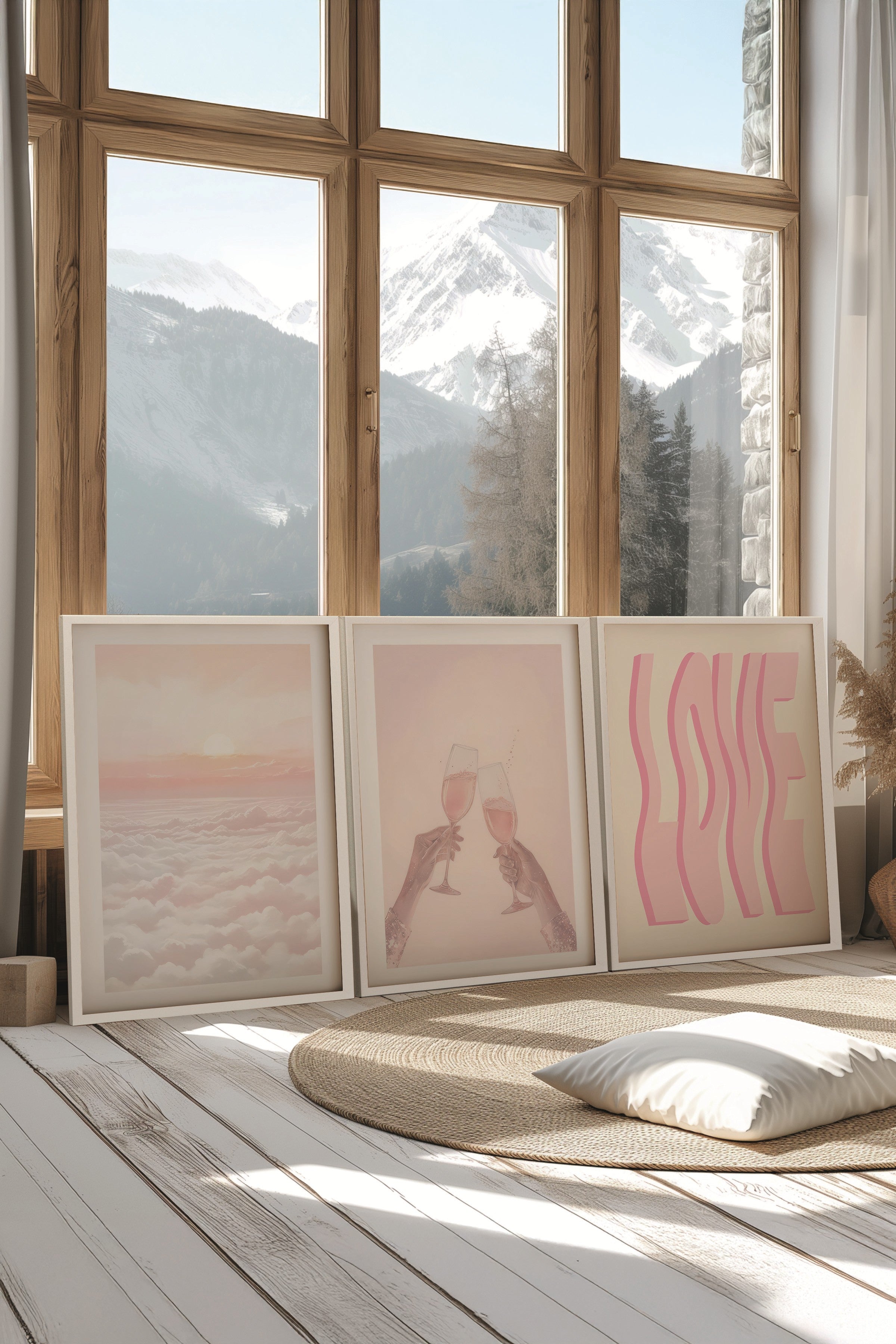 Beyaz Tablo Seti, 3 Adet Beyaz Çerçeveli Poster Soft Vibe Model No:300818, Pembe Duvar Dekoru