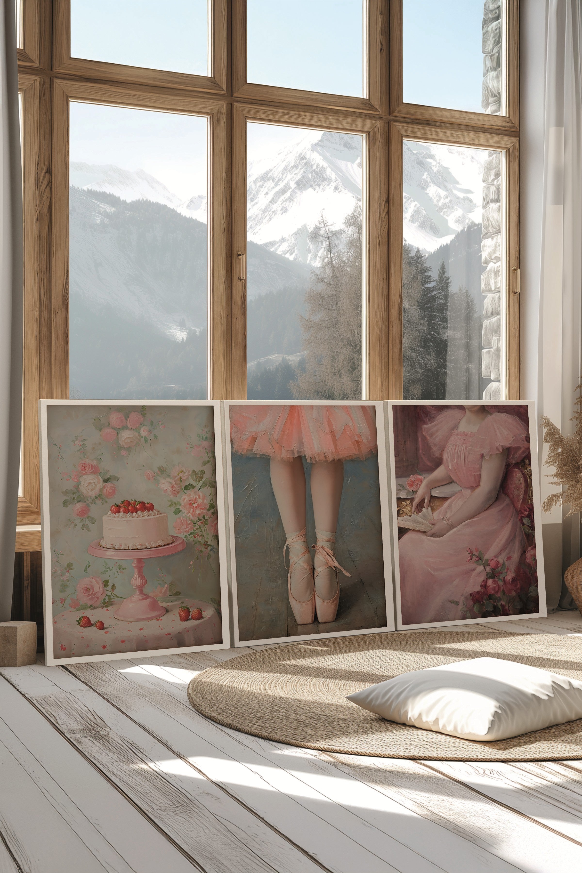 Beyaz Tablo Seti, 3 Adet Beyaz Çerçeveli Poster Strawberry Cake Model No:300892, Pembe Duvar Dekoru