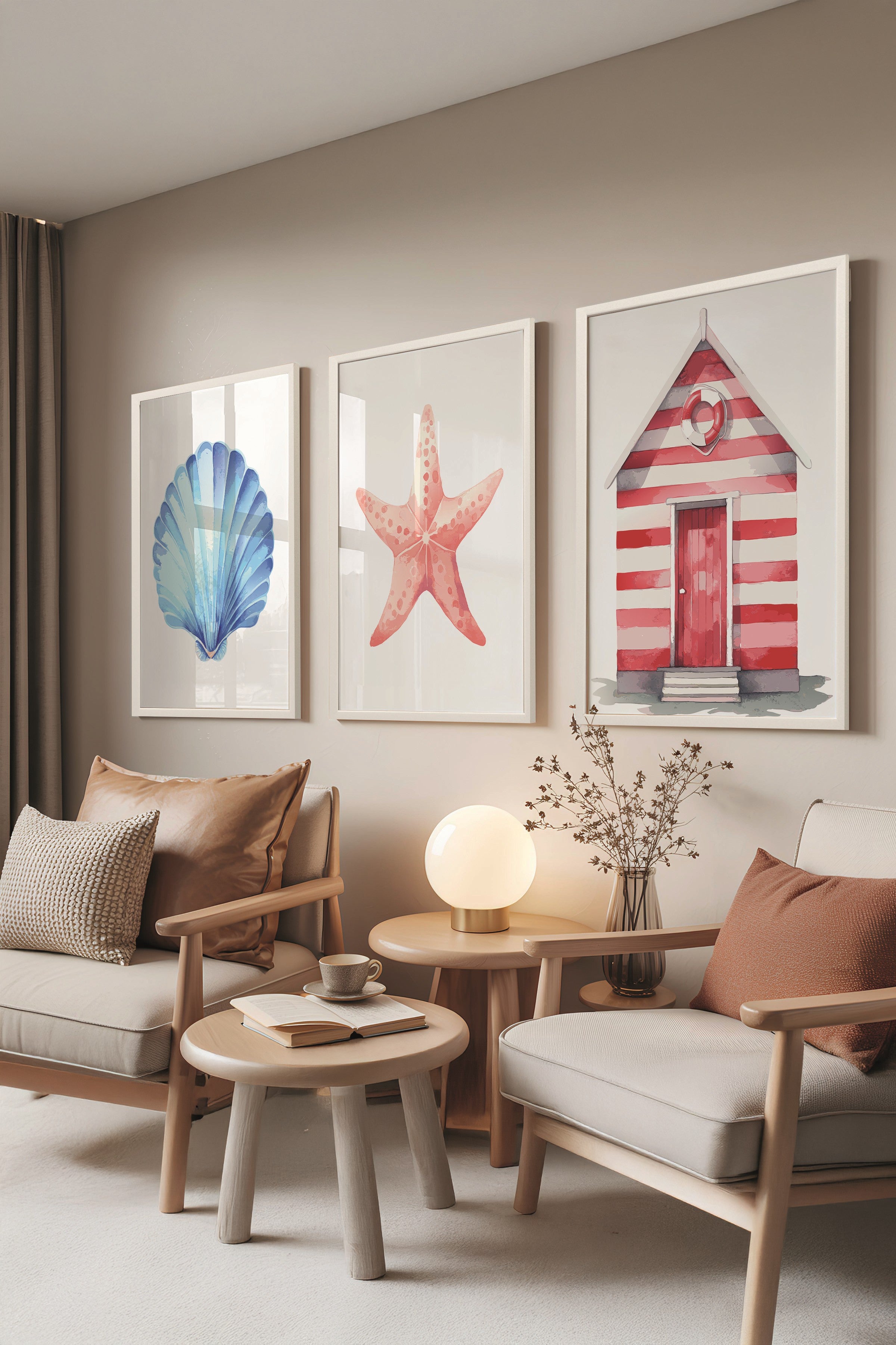 Beyaz Tablo Seti, 3 Adet Beyaz Çerçeveli Poster Summer icons Model No:300824, Renkli Duvar Dekoru