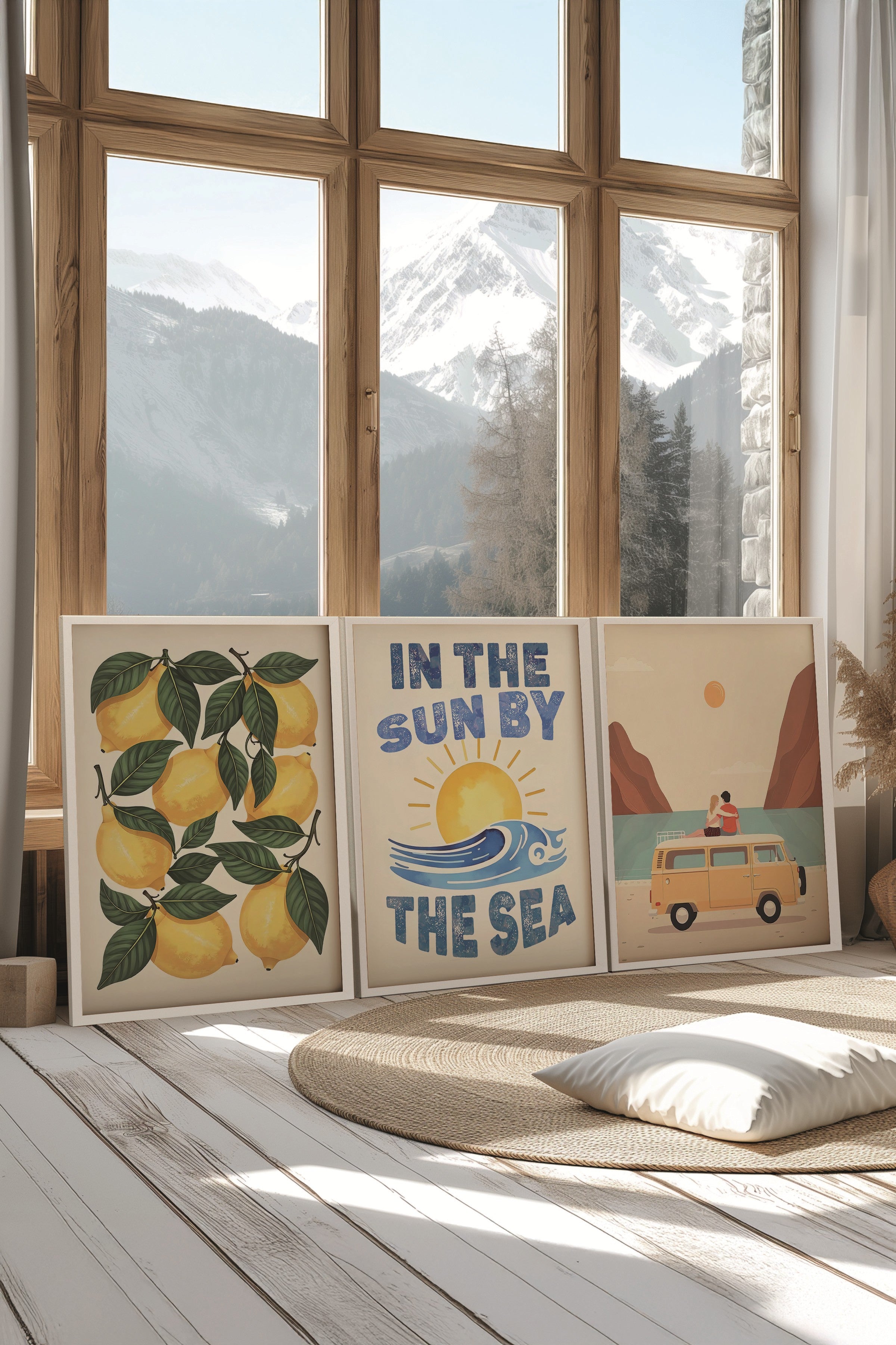 Beyaz Tablo Seti, 3 Adet Beyaz Çerçeveli Poster Sun by the Sea Model No:300850, Sarı Duvar Dekoru