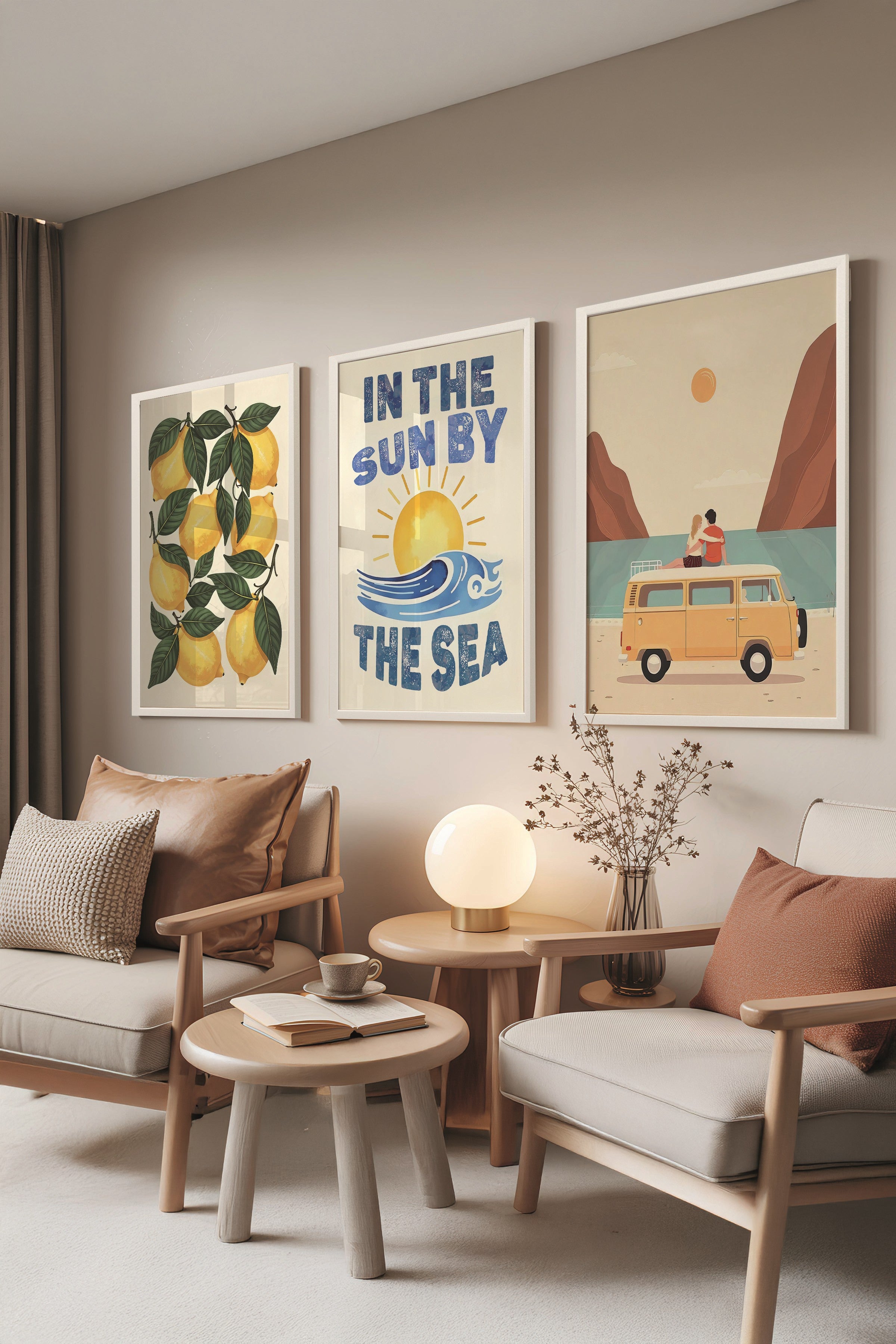 Beyaz Tablo Seti, 3 Adet Beyaz Çerçeveli Poster Sun by the Sea Model No:300850, Sarı Duvar Dekoru
