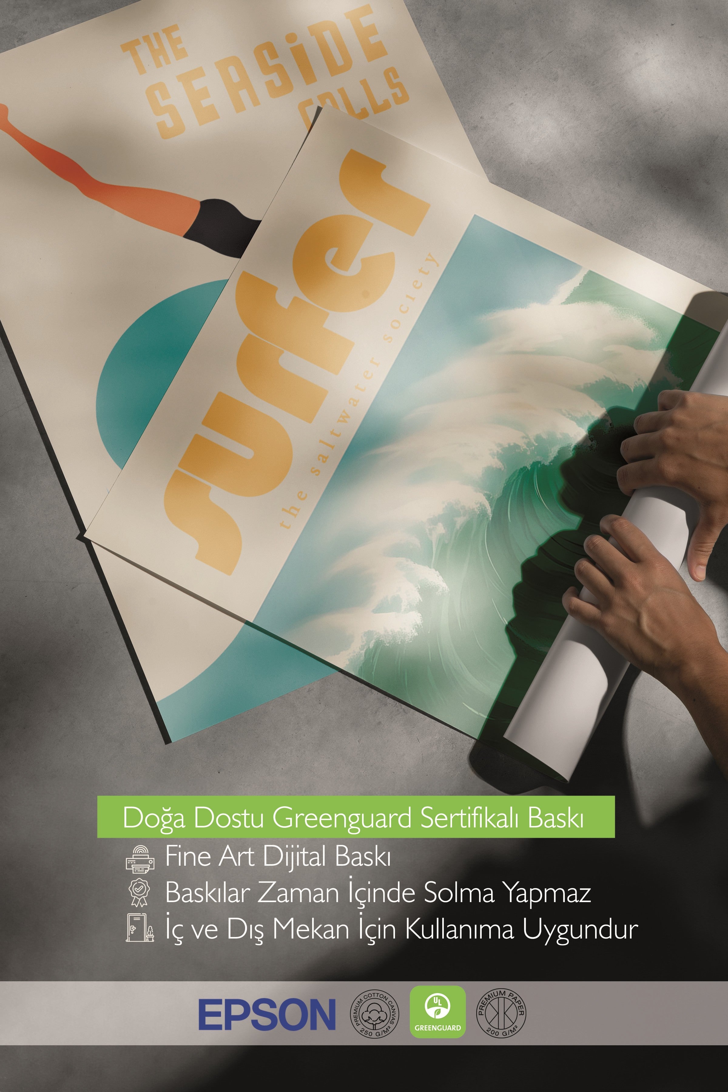 Beyaz Tablo Seti, 3 Adet Beyaz Çerçeveli Poster Surfer Model No:300815, Sarı ve Mavi Duvar Dekoru